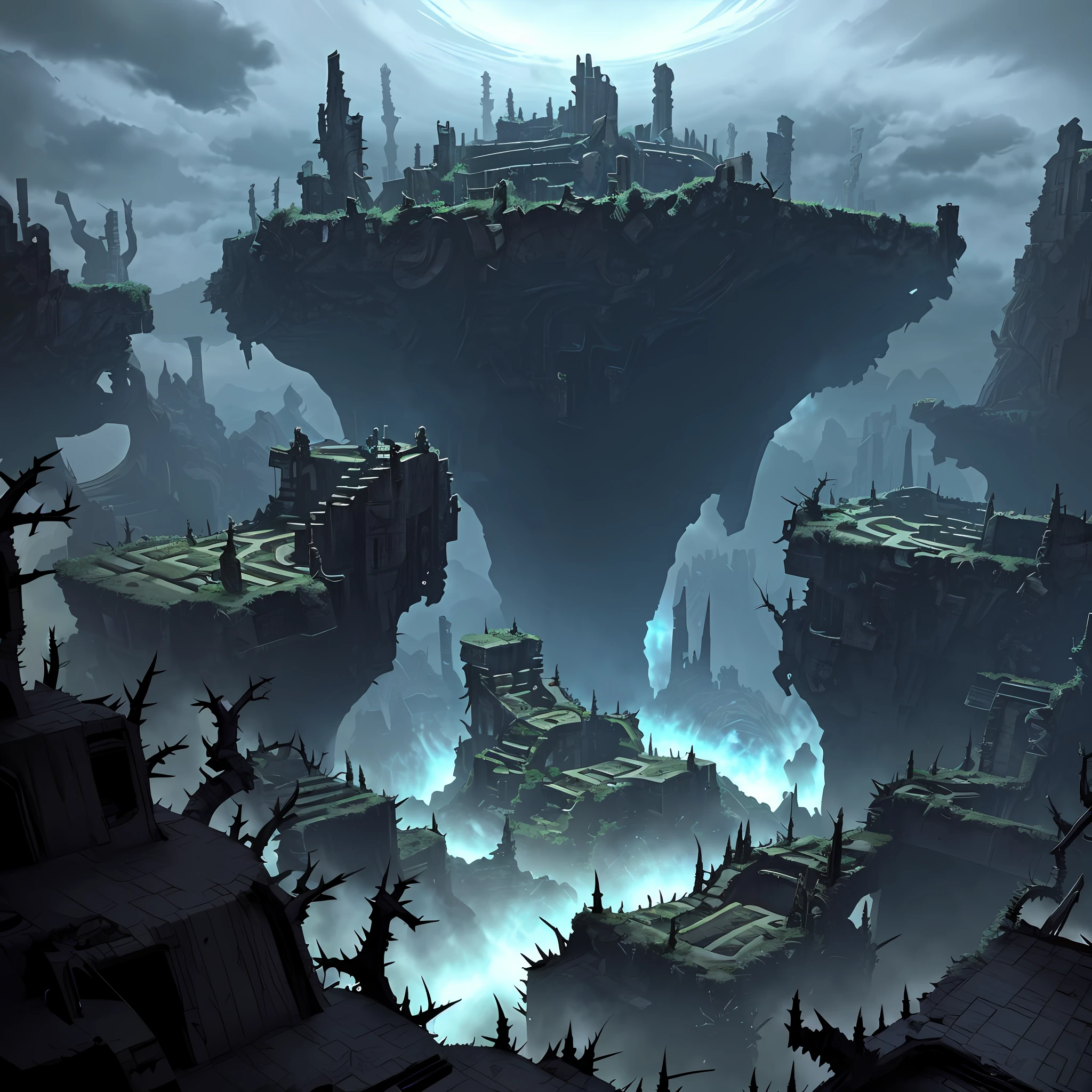 Wide angle top-down view, A valley with many biomechanical ruins with various shapes, must have environments full of doors and scary stairs with thorns and putrefactions, In the Sky a black hole style Paolo Girardi, A chaotic environment of horror, cloudy, dramatic, irredescent, dark palette.