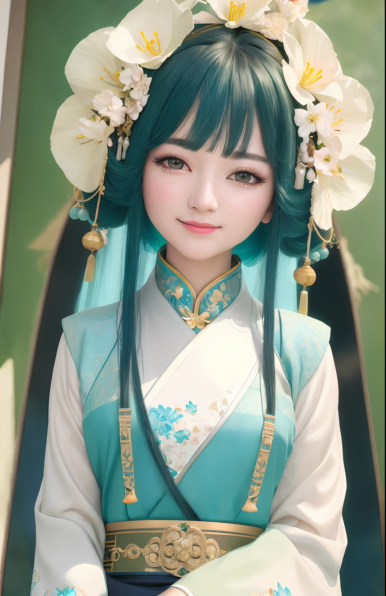 Masterpiece, ultra-fine CG unity 8k wallpaper, excellent, close-up, solo, 1 female, medium chest, overexposed, extremely delicate, aesthetic and detailed eye description, aesthetic and meticulous facial portrayal, standing, green Chinese style, detailed clothes, hair accessories, hair loops, hair flowers, detailed face, choker, hanfu, healing smile, people can not forget the charm at a glance