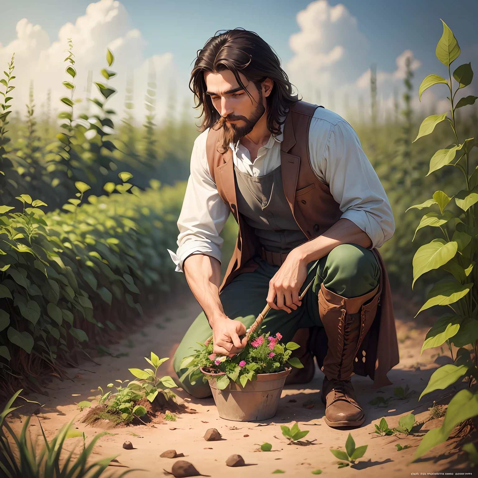 A man harvesting his gardens in his kneeling garden picking up a few leaves of Christ --auto --s2