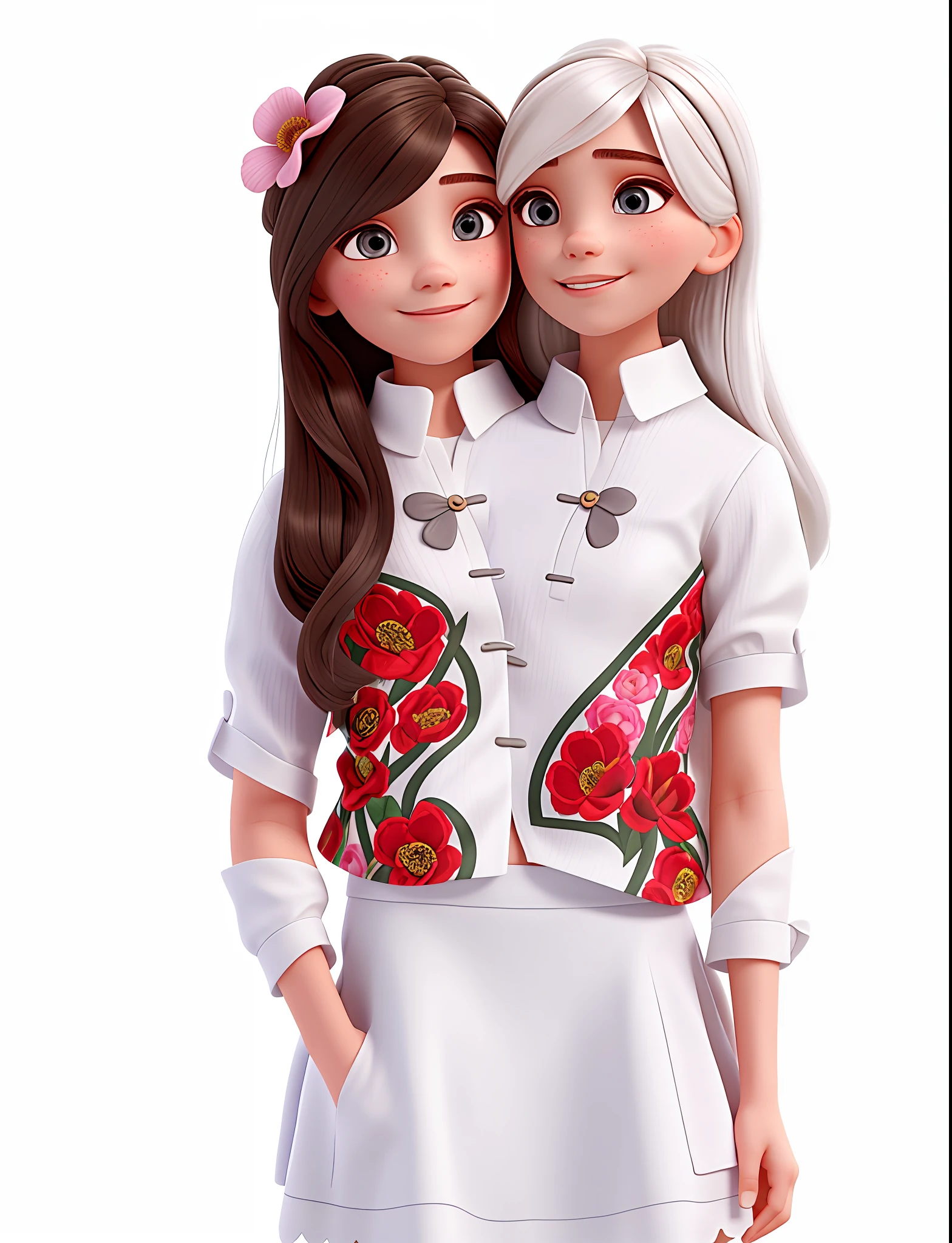 Conjoined twin sisters, solo, two heads attached to the same body,flower designs printed on their white shirt, white skirt, brunette and platinum blonde hair, asian