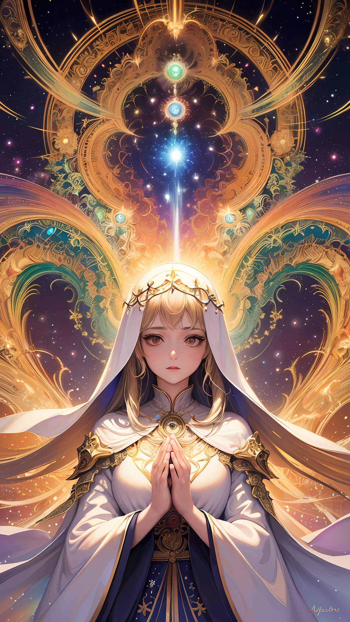 (masterpiece, top quality, best quality, official art, beautiful and aesthetic:1.2), (1girl), extreme detailed, (fractal art:1.3), colorful, highest detailed, perfect face, upper body, HDR, (praying:1.3), (white cloak golden lines:1.2), galaxy, (light streaks), striking visuals, (dynamic streaks, luminous trails:1.2), vibrant colors,