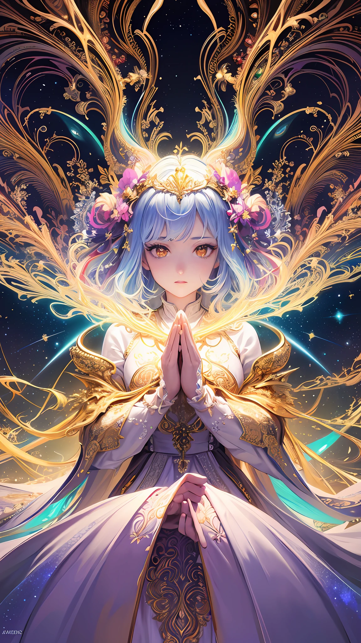 (masterpiece, top quality, best quality, official art, beautiful and aesthetic:1.2), (1girl), extreme detailed, (fractal art:1.3), colorful, highest detailed, perfect face, upper body, HDR, (praying:1.3), (white cloak golden lines:1.2), galaxy, (light streaks), striking visuals, (dynamic streaks, luminous trails:1.2), vibrant colors,