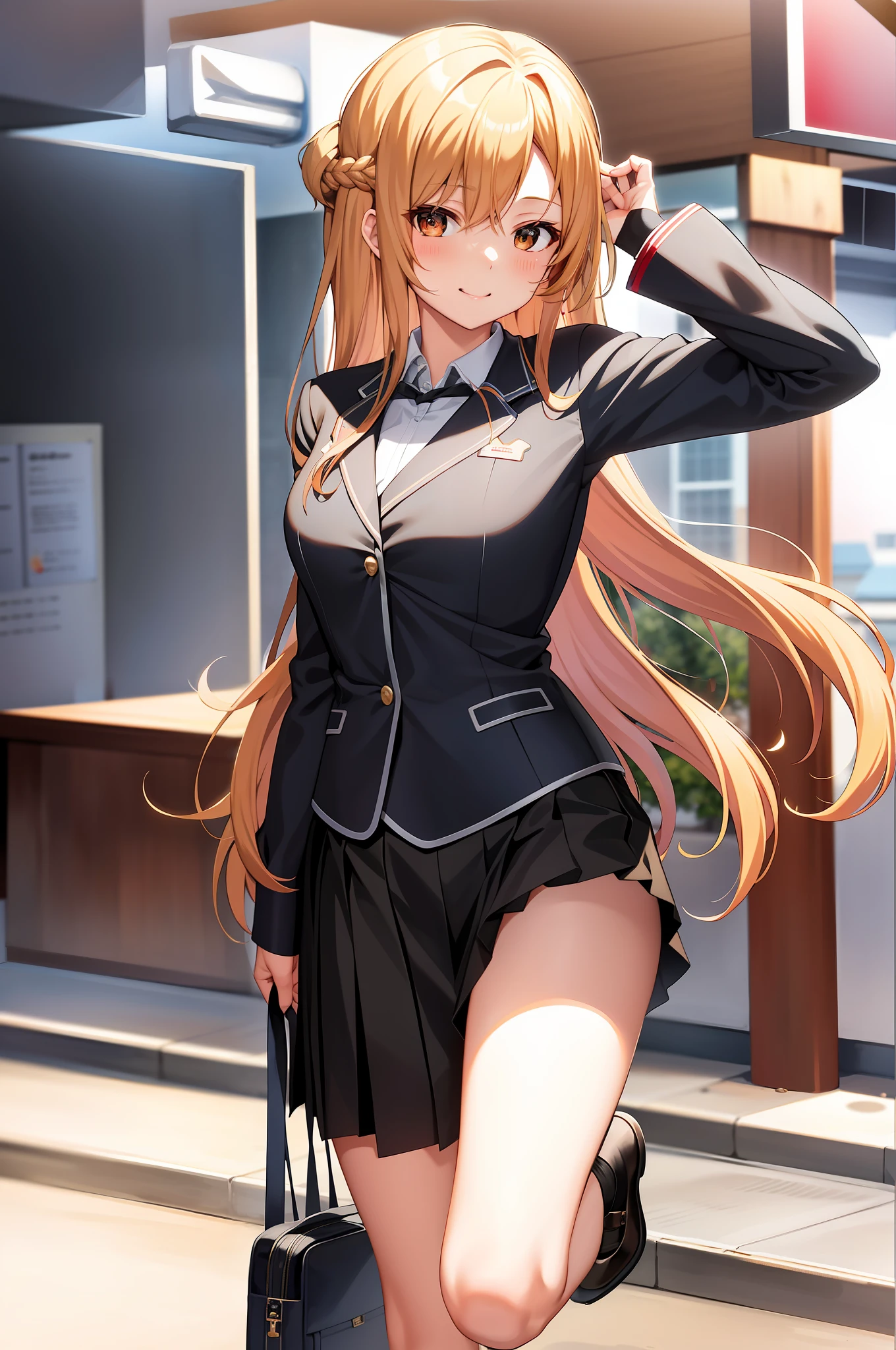 Asuna, asuna_\(sao\), 1girl, (sexy pose:1.4), highres,  original, realistic,  scenery,  close_up, upper_body,  smiling, solo, long hair, looking at viewer, smile, bangs ,detailed eyes, beautiful background, hands on the chest, blonde hair, brown eyes, long hair, standing, (full body:1.5), at the school, school view, classroom, school uniform, (black blazer), mini skirt, black shoes, school clothes, student, red nectie, (black uniform), black high stocking, black stocking,