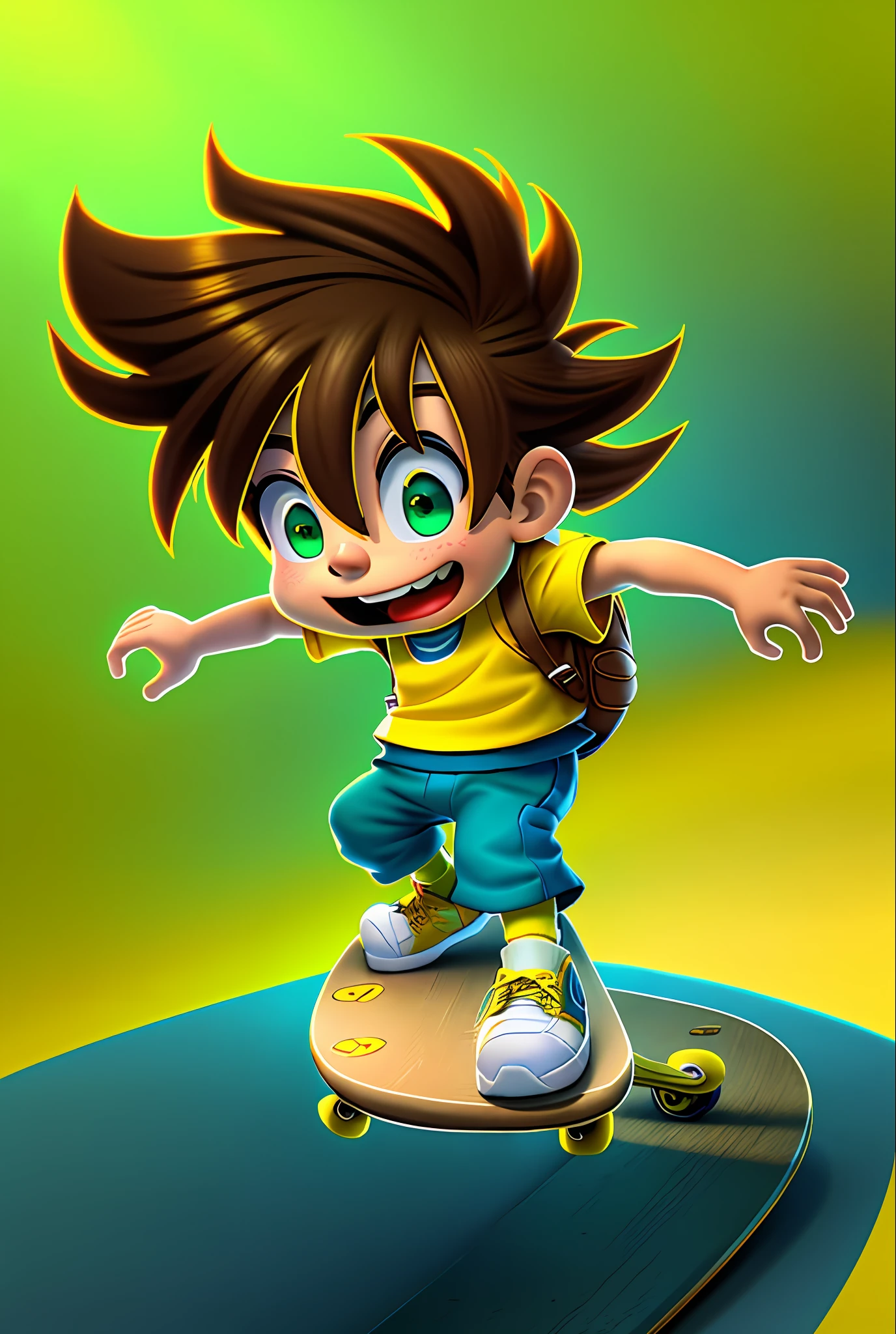 A cool boy, skateboarding, laughing, brown hair flying, yellow vest, blue short sleeves, green pants, yellow socks, yellow school bag, red and white sneakers, hands open, brown hair, yellow skateboard under feet, 3d, cute, soft light, green ground, white background, HD, Disney style,