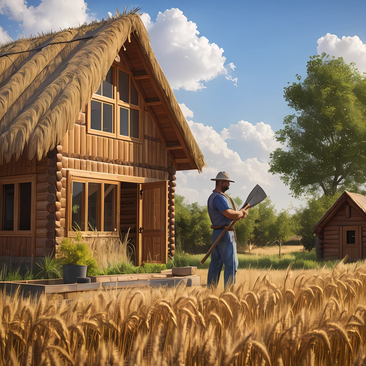 A man holding an axe standing looking at his house in his wooden house in a wheat field with enclosures and gardens of Christ --auto --s2