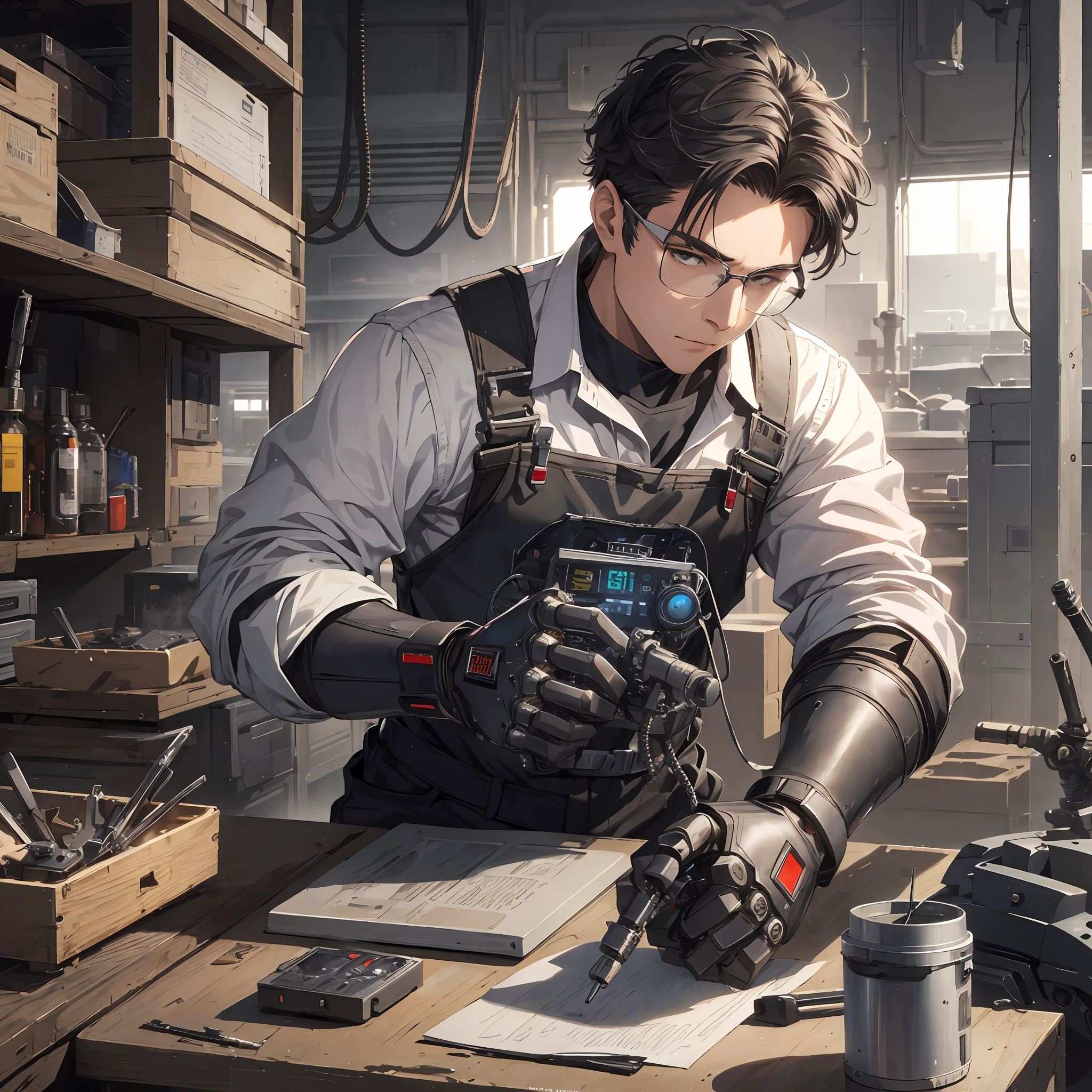 Absurd resolution, high resolution, (masterpiece: 1.4), hyper-detail, young man messy black short hair glasses welder dressed up, very technological robotic arm workbench