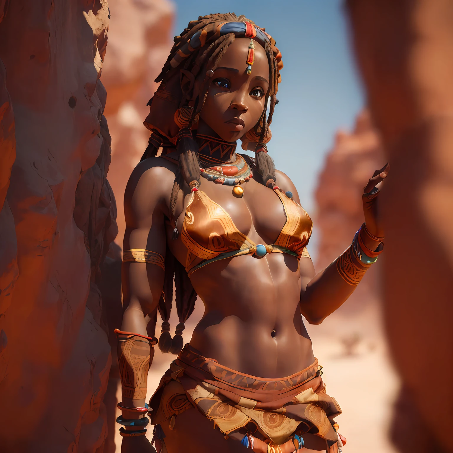 ((Sexy girl), ((African Himba tribe: 1.9)), (round breasts), (silk skirt:1.5), (crop top:1.3), ((focus on eyes and mouth)), shy, (groin: 1.7), (groin: 1.5), collarbone, belly button, natural light, extremely detailed, 8yk, raw photo, high level of detail, (ray tracing), (masterpiece), (best quality), high resolution, (realistic: 1.4), physically based representation, ultra-realistic, full body --auto --s2