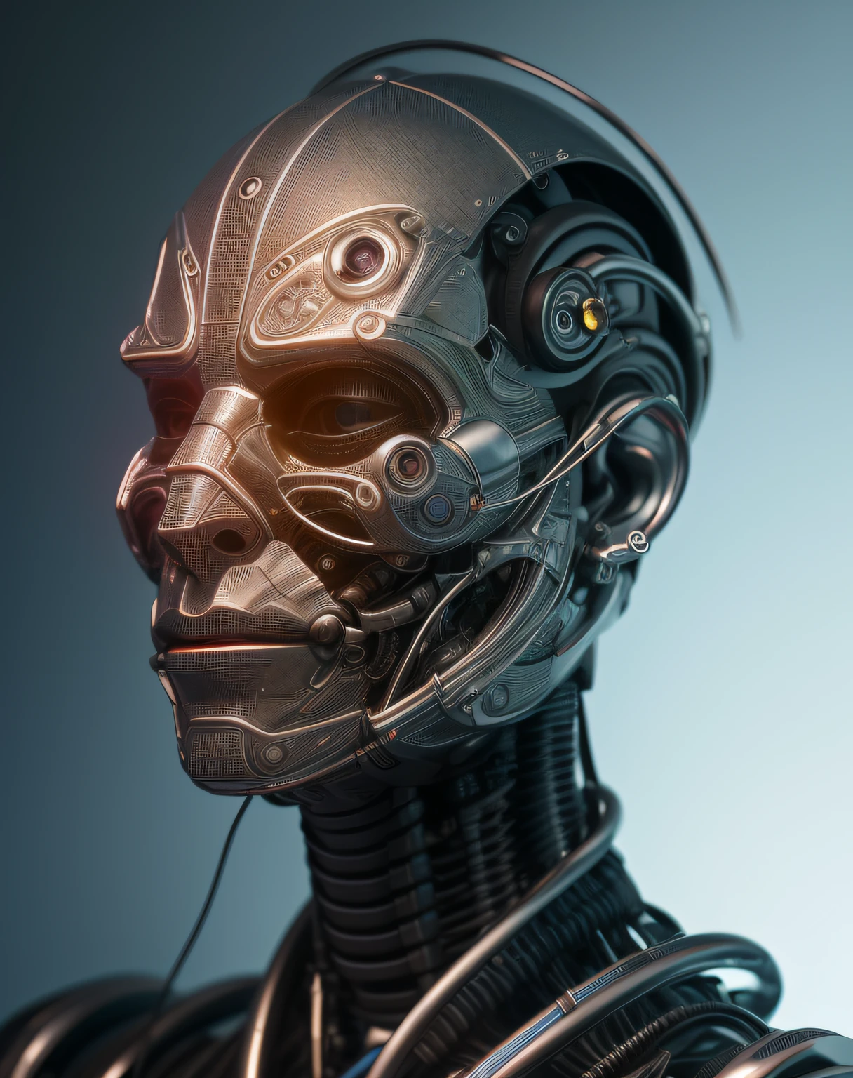 a portrait of sxeyez, cyborg, robotic parts, 100 mm, beautiful studio soft light, rim light, vibrant details, luxurious cyberpunk, lace, hyperrealistic, anatomical, facial muscles, cable electric wires, microchip, elegant, beautiful background, octane render, H. R. Giger style, 8k, best quality, masterpiece, illustration, an extremely delicate and beautiful, extremely detailed ,CG ,unity ,wallpaper, (realistic, photo-realistic:1.37), Amazing, finely detail, masterpiece,best quality,official art, extremely detailed CG unity 8k wallpaper, absurdres, incredibly absurdres, robot, silver halmet, (high detailed skin:1.2),8k uhd, dslr, soft lighting, high quality, film grain, Fujifilm XT3