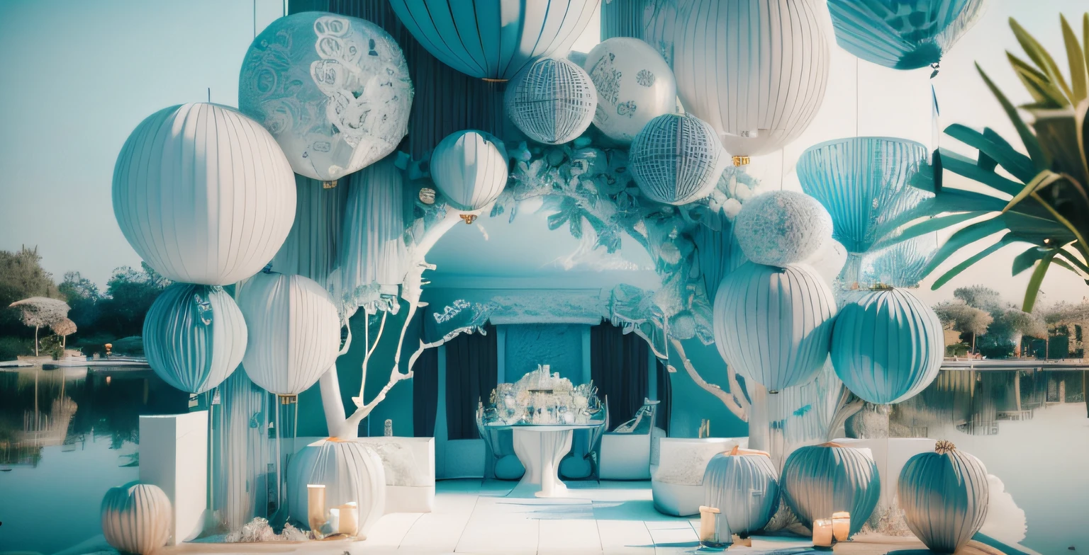 there is a wedding ceremony set up with white chairs and balloons, sky blue and white color scheme, 3 d renders, blue realistic 3 d render, wedding, in style of 3d render, cg rendering, blue themed, detailed lake in background, rendering, highly detailed scene, a photorealistic rendering, realistic 3 d style, final render, 3d finalrender