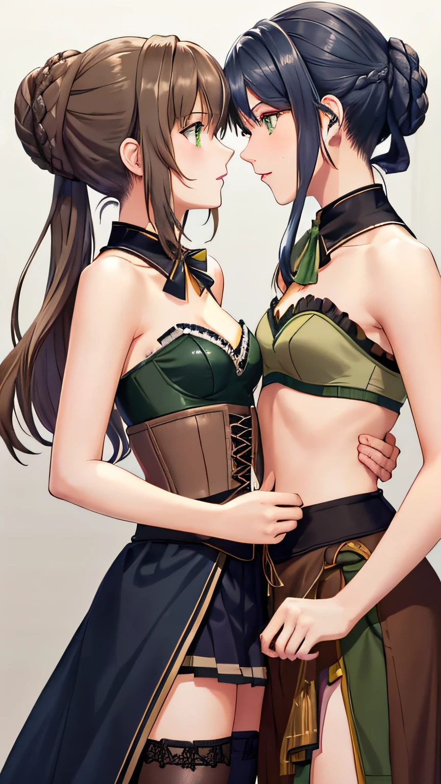 2 women, Duvalie is kissing Laura S. Arseid, ( Duvalie (brown hair with braided buns, green eyes, bustier, cute, small breasts)), (Laura S. Arseid (long dark blue hair, ponytail and Bang side, yellow eyes, small breasts))