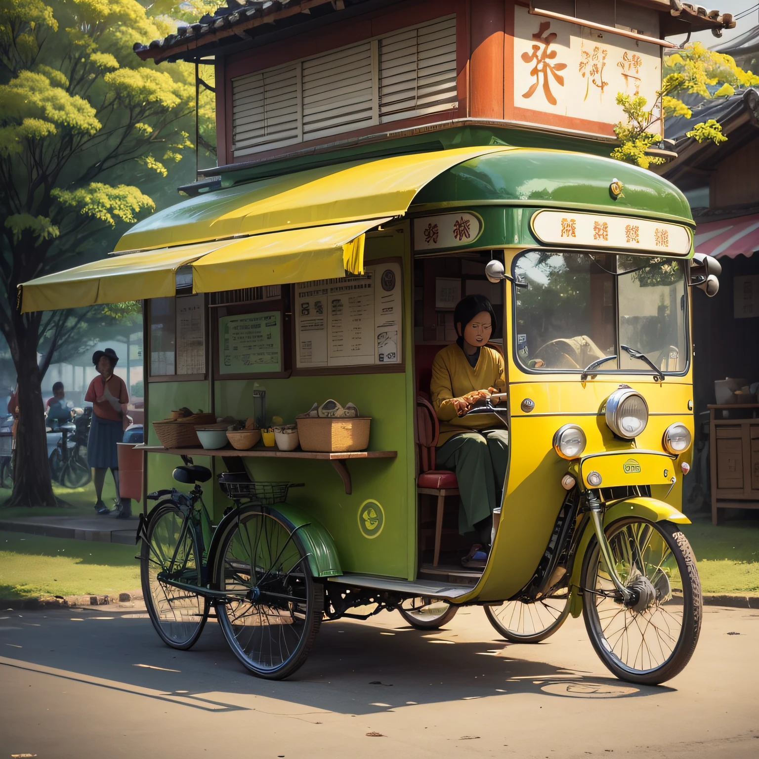 A yellow tricycle dining car with a middle-aged aunt selling soup noodles stopped under a green tree --auto --s2
