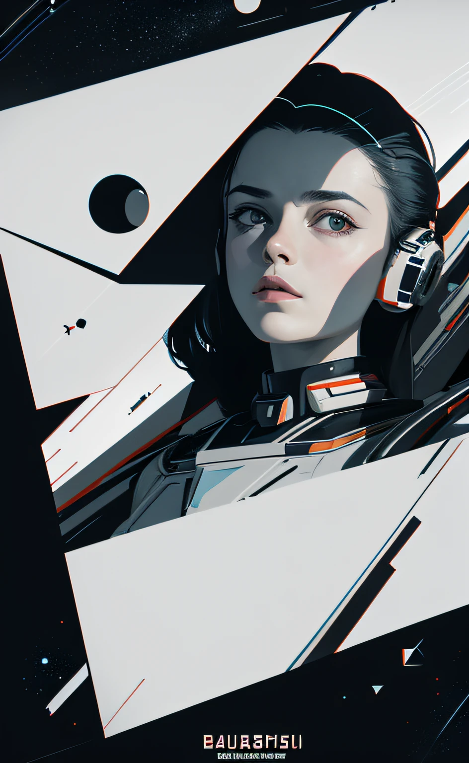 masterpiece, best quality, 1girl, space thriller movie poster, Bauhaus, shapes, lines, abstract