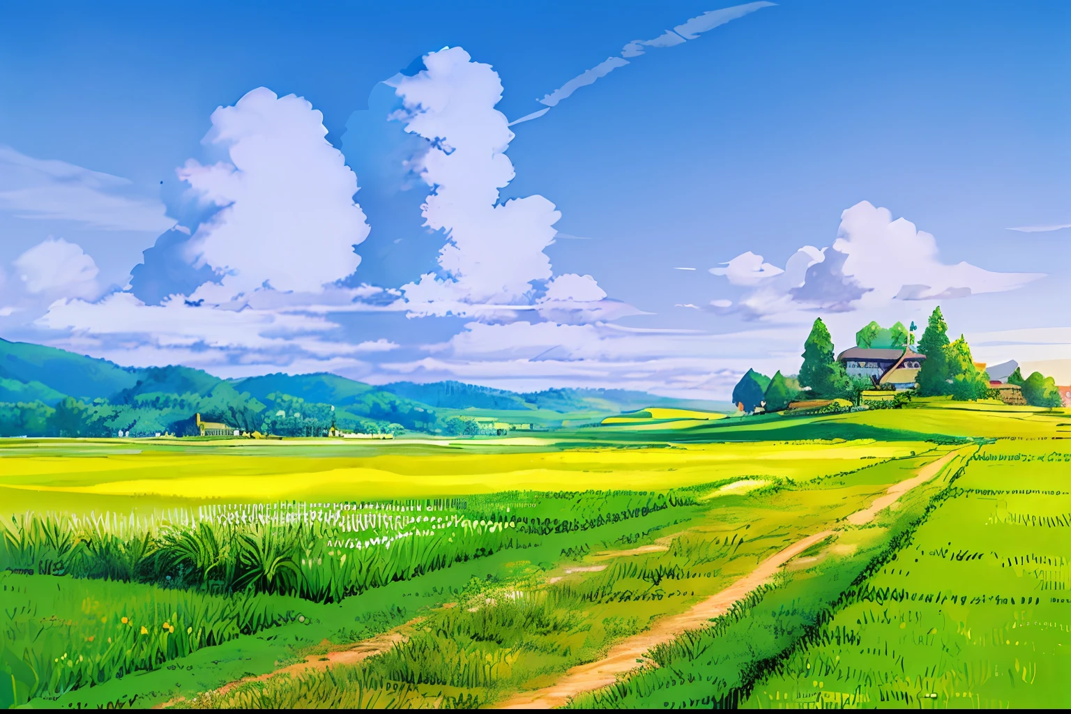 (((Best Quality))), high saturation, clear, reasonable structure, cartoon style, architecture, bridge, construction, castle, chimney, cloud, cloudy_sky, day, fantasy, door, grass, house, mountain, no_humans, outdoor, river, landscape, sky, sunset, tree, window, real, beautiful and amazing landscape oil painting Ghibli Studio Miyazaki's wheat field with blue sky and white clouds, wheat field, wheat --v6