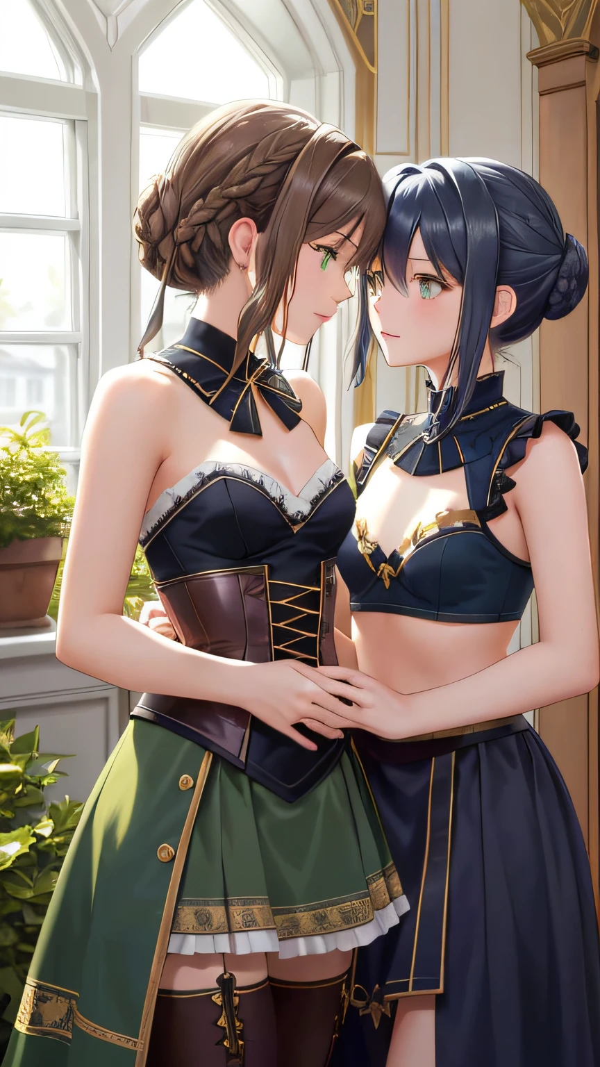 2 women, Duvalie is kissing Laura S. Arseid, ( Duvalie (brown hair with braided buns, green eyes, bustier, cute, small breasts)), (Laura S. Arseid (long dark blue hair, ponytail and Bang side, yellow eyes, small breasts))