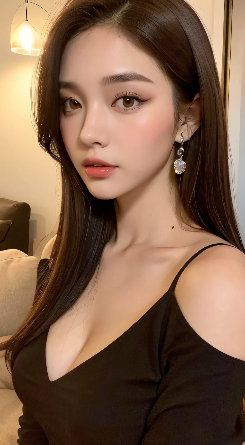 ((Night view, realistic light, best quality, 8k, masterpiece: 1.3)), 1girl, pretty woman with slim figure: 1.4, (brown hair, medium breasts: 1.3), off-the-shoulder cut top: 1.3, sofa, super detailed face, detailed eyes, double eyelids