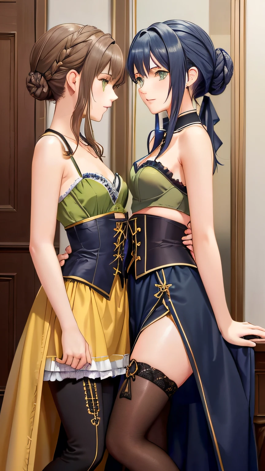 2 women, Duvalie is kissing Laura S. Arseid, ( Duvalie (brown hair with braided buns, green eyes, bustier, cute, small breasts)), (Laura S. Arseid (long dark blue hair, ponytail and Bang side, yellow eyes, small breasts))
