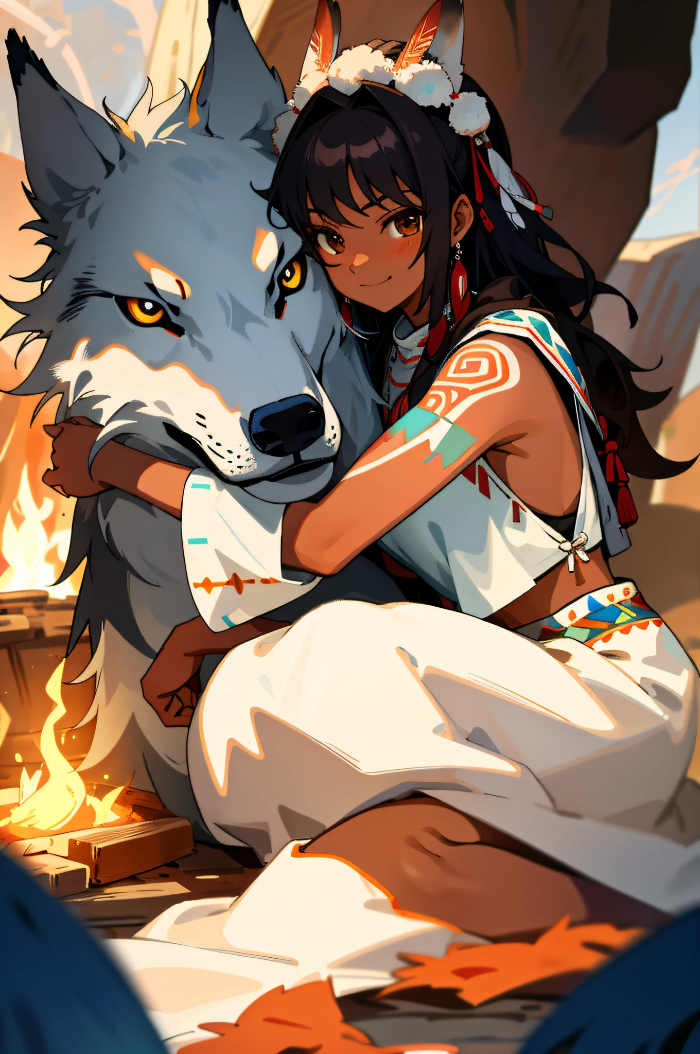 (Masterpiece:1.2), (Best Quality:1.2), Perfect Eyes, Perfect Face, Volume Lighting, 1girl, Beautiful Woman,18 years old, Tattooed on face, Dark skin, Brown eyes, Smile, Excitement, NativAm, Woman in native dress, Wearing NativAm, Feathers on her head, Fluffy Native gown, Native print, In the cave, clean legs, toned abs, lower breasts, Sitting in front of the flame of the bonfire, lighting the bonfire, ((Be with the wolf, hug the little wolf))