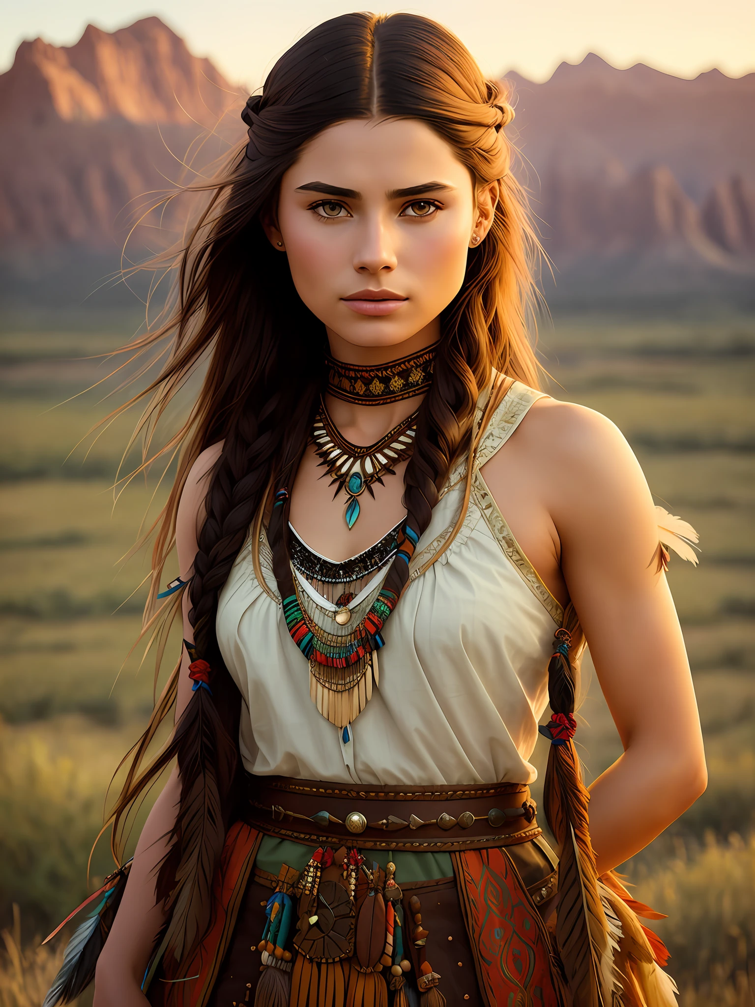 portrait photograph of Lucy Fry as Pocahontas, young beautiful native american woman, perfect symmetrical face, indigenes feather jewelry, traditional handmade dress, armed female hunter warrior, (((wild west))) environment, Utah landscape, ultra realistic, concept art, elegant, ((intricate)), ((highly detailed)), depth of field, ((professionally color graded)), soft ambient lighting, dusk, 8k, art by artgerm and greg rutkowski and alphonse mucha