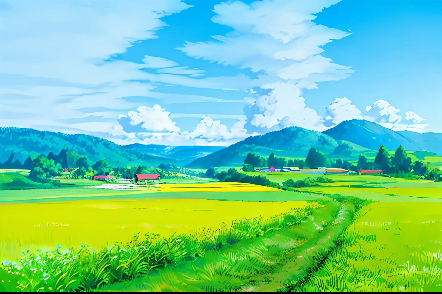 (((best quality))), high saturation, clear, reasonable structure, cartoon style, architecture, bridge, construction, castle, chimney, cloud, cloudy_sky, day, fantasy, door, grass, house, mountain, no_humans, outdoor, river, landscape, sky, sunset, tree, window, real, beautiful and amazing landscape oil painting Ghibli Studio Miyazaki's wheat field with blue sky and white clouds, wheat field, wheat, wind up, kite --v6