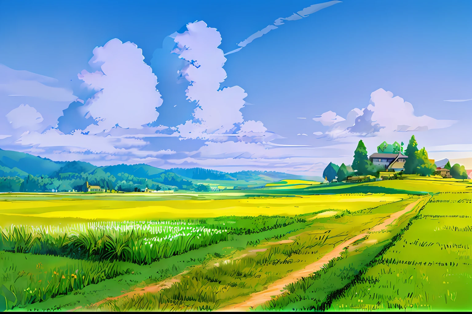 (((Best Quality))), high saturation, clear, reasonable structure, cartoon style, architecture, bridge, construction, castle, chimney, cloud, cloudy_sky, day, fantasy, door, grass, house, mountain, no_humans, outdoor, river, landscape, sky, sunset, tree, window, real, beautiful and amazing landscape oil painting Ghibli Studio Miyazaki's wheat field with blue sky and white clouds, wheat field, wheat --v6