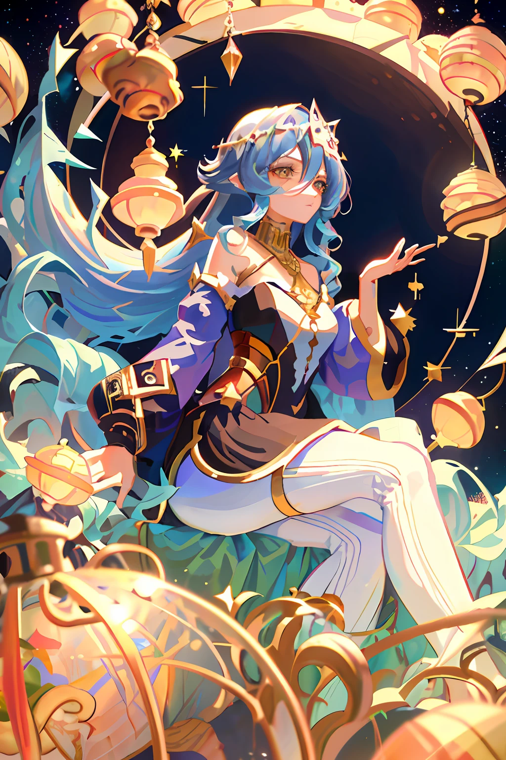 layla (masterpiece), (best quality), (ultra detailed),(disheveled hair),(illustration), (1girl), beautifuldetailedeyes,delicate beautiful face,Floating,(high saturation),(colorful splashes),colorful bubble,(shining),focus on face, sitting inside a glass ball, g;ass cage, golden stars and lanterns