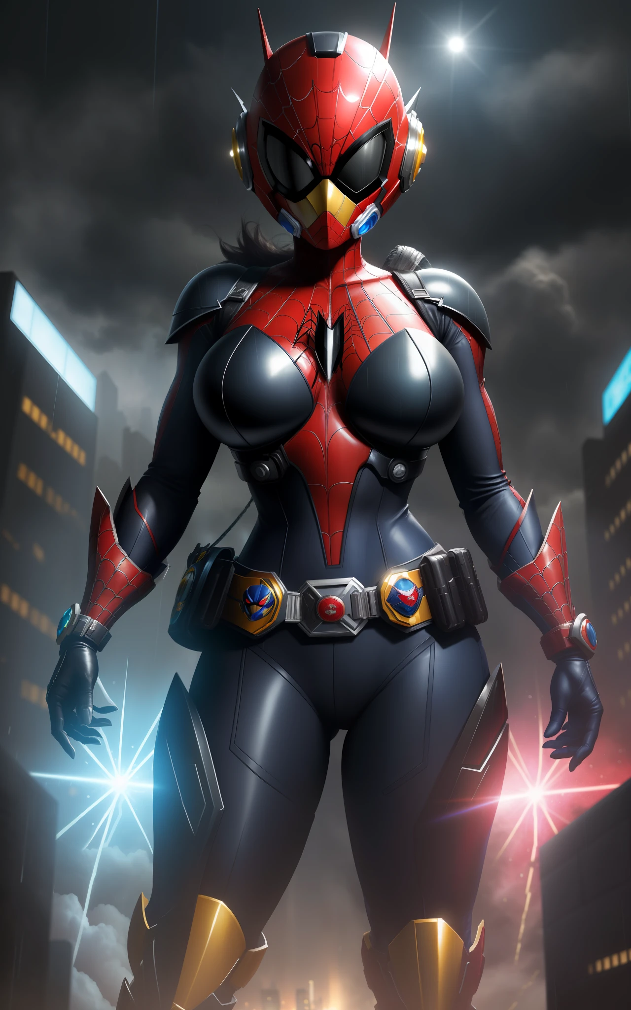 Imagem com Resolução máxima/qualidade/nitidez/, Unreal Engine 5/Power Rangers/Tokusatsu/Mortal Kombat/Super Metroid, Cartoon/Disney/Dragon ball/Style, ((a single woman/big breasts1/helmet/belt/Mega Man-X/Kamen Rider/BatmanSpiderman)), mohawk cabelo longo, olhando para o espectador, pose, She is in the center of the image in a futuristic city raining extremely heavily.