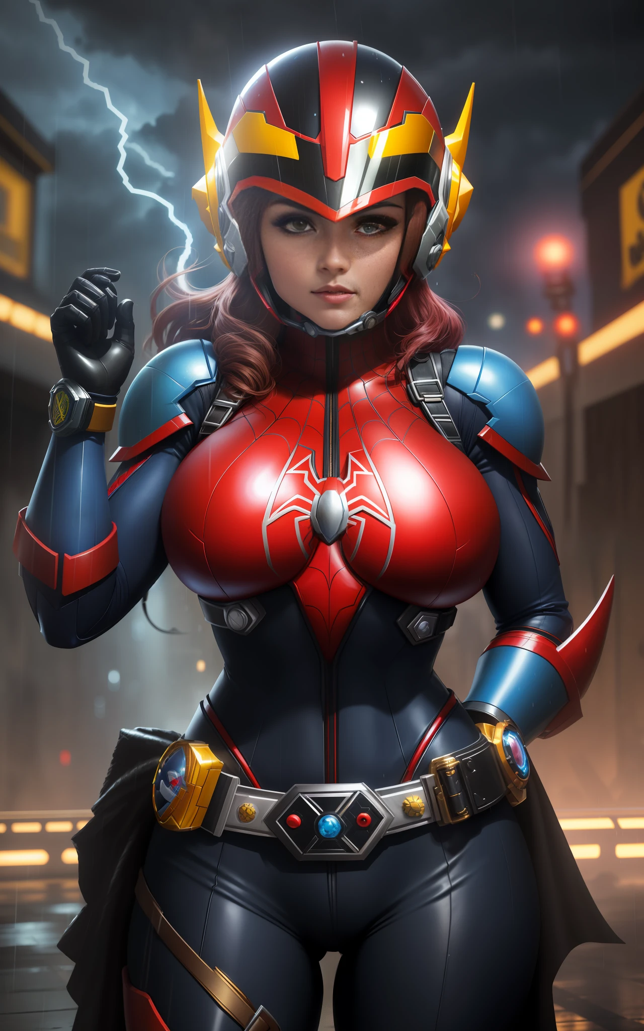 Imagem com Resolução máxima/qualidade/nitidez/, Unreal Engine 5/Power Rangers/Tokusatsu/Mortal Kombat/Super Metroid, Cartoon/Disney/Dragon ball/Style, ((a single woman/big breasts1/helmet/belt/Mega Man-X/Kamen Rider/BatmanSpiderman)), mohawk cabelo longo, olhando para o espectador, pose, She is in the center of the image in a futuristic city raining extremely heavily.