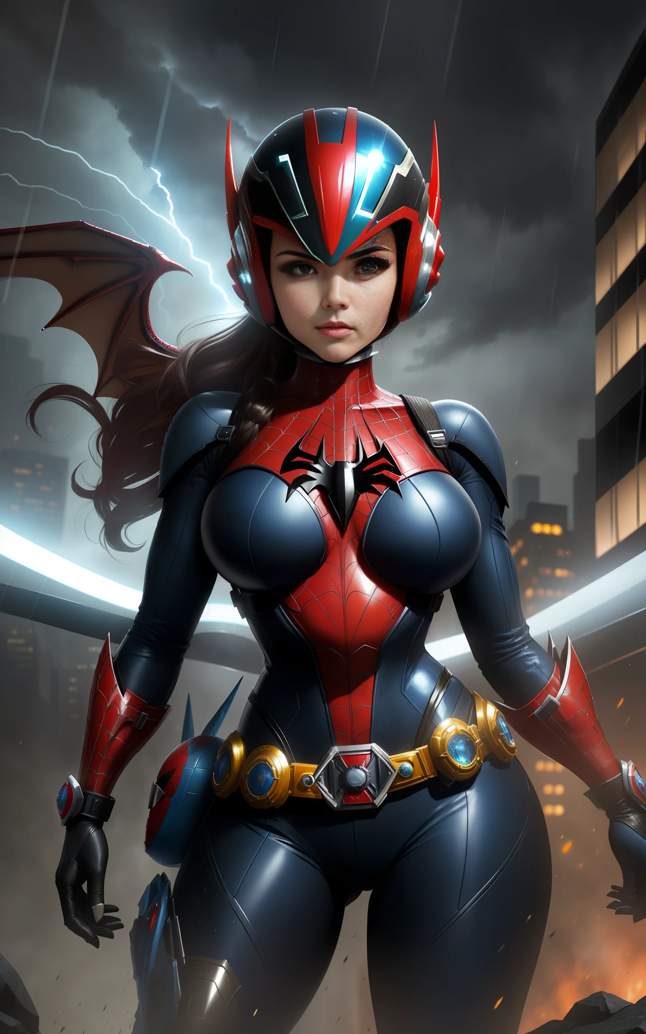 Imagem com Resolução máxima/qualidade/nitidez/, Unreal Engine 5/Power Rangers/Tokusatsu/Mortal Kombat/Super Metroid, Cartoon/Disney/Dragon ball/Style, ((a single woman/big breasts1/helmet/belt/Mega Man-X/Kamen Rider/BatmanSpiderman)), mohawk cabelo longo, olhando para o espectador, pose, She is in the center of the image in a futuristic city raining extremely heavily.