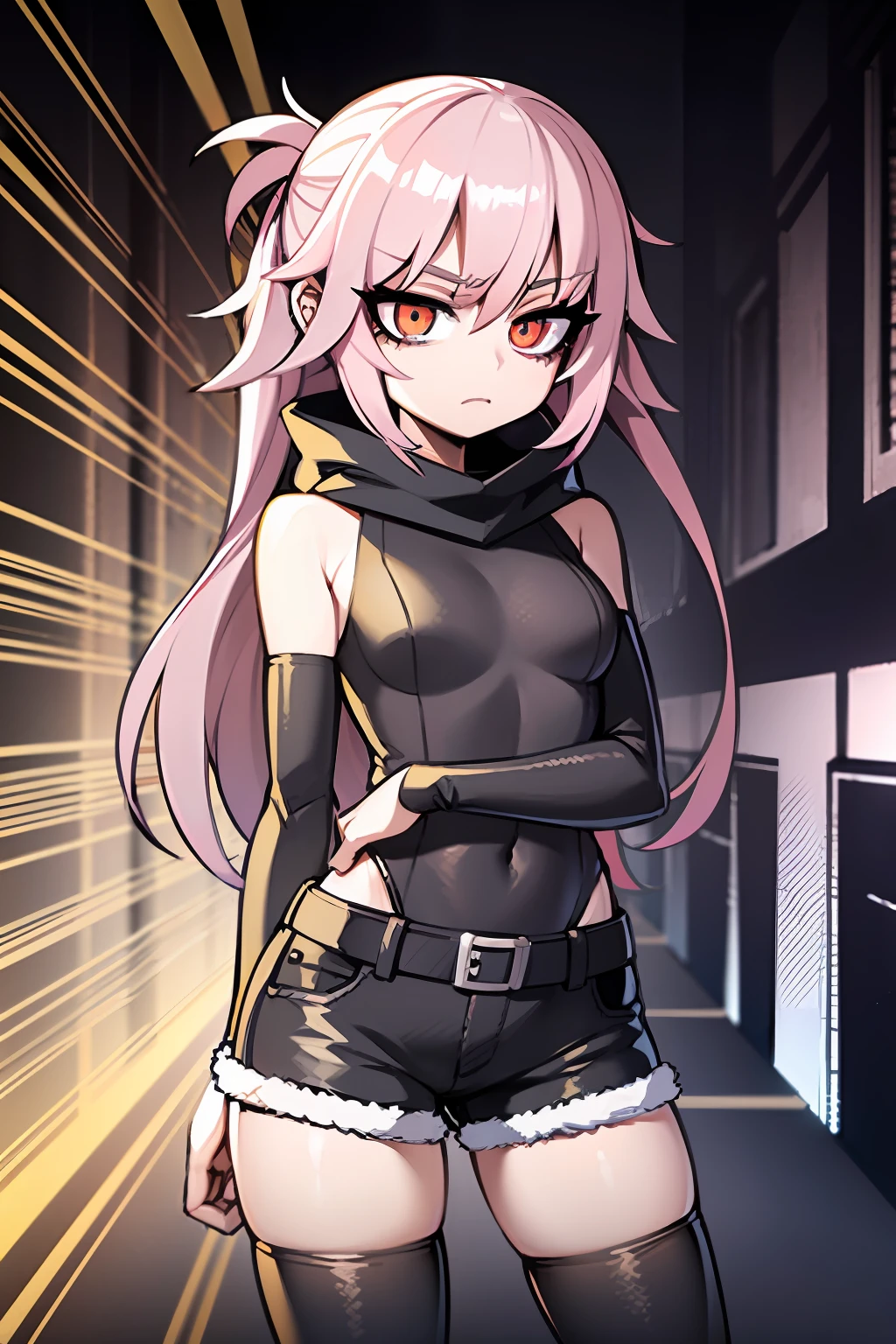masterpiece, high quality, (anime), best quality, 1girl, very detailed eyes and face, very detailed background, dynamic pose, dynamic light, full body, (noir style), psychedelic style, terrified eyes, (fear), worry, ,fear, lilac hair, pink hair, dark blue hooded sweater, flat chest, long black stockings, ((worry)), black nails, red light, facing ahead, (praying), black denim shorts,  eyes black, expression terrified, nervous,