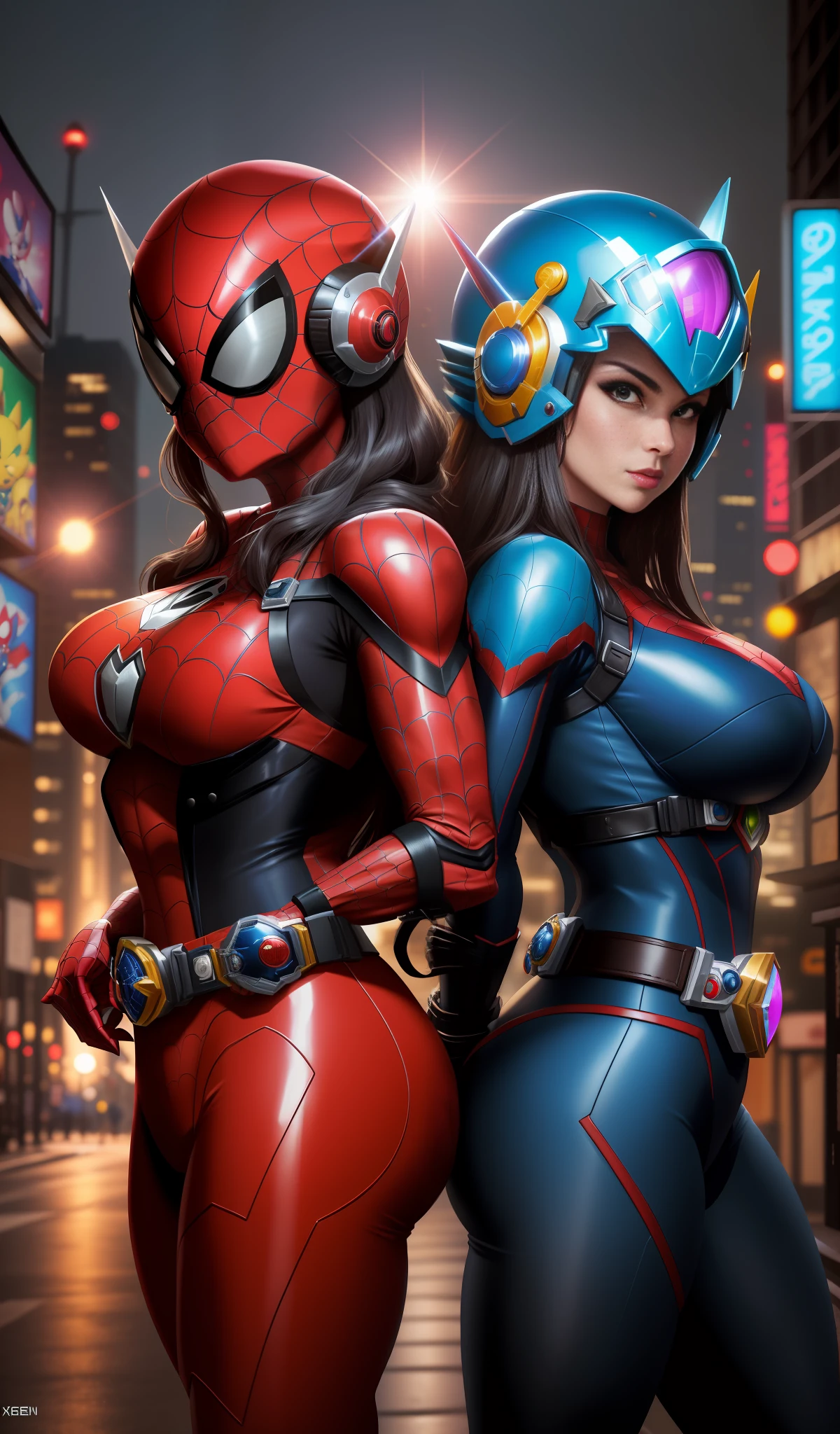 Image with full resolution/quality/sharpness/, Unreal Engine 5/Power Rangers/Tokusatsu/Mortal Kombat/Super Metroid, Cartoon/Disney/Dragon ball/Style, ((1 Woman/big breasts1/helmet/belt/Mega Man-X/Kamen Rider/Spiderman)), mohawk long hair, looking at viewer, pose, City at night shower strongly, --w 658 --h 1024
