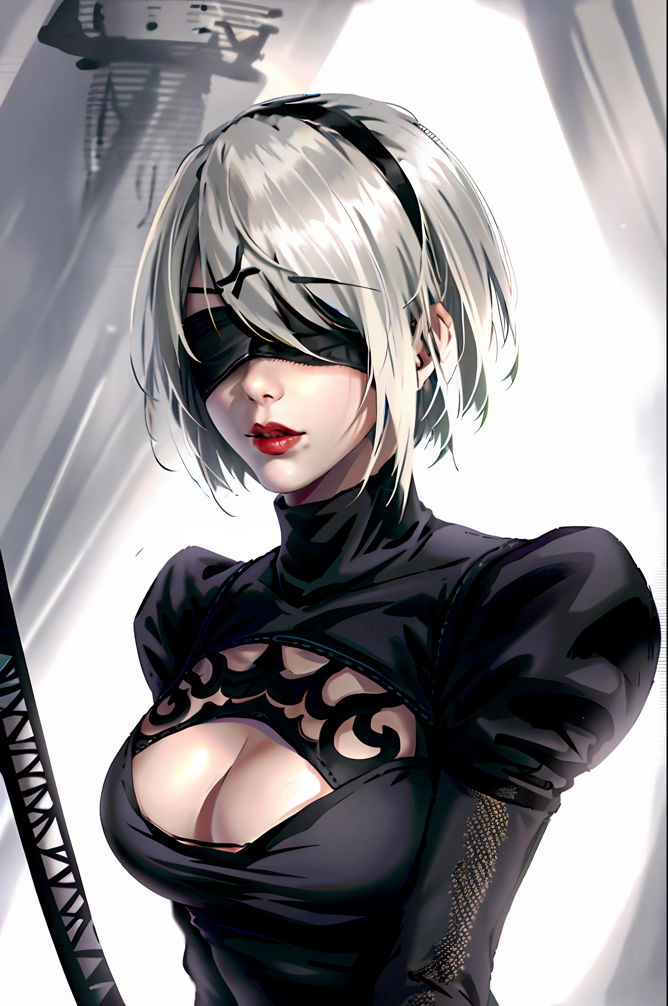 yorha no. 2 type b, 1girl, blindfold, breasts, cleavage, cleavage cutout, clothing cutout, green background, hair between eyes, hairband, highres, juliet sleeves, long sleeves, mole, mole under mouth, nier (series), nier automata, oni gini, puffy sleeves, red lips, shaded face, short hair, solo, turtleneck, upper body, white hair,