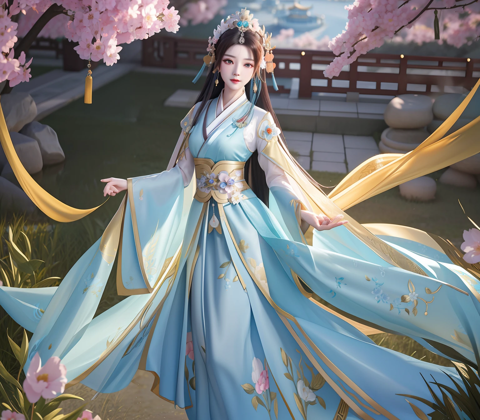 masterpiece,best quality,(8k,RAW photo,best quality,masterpiece:1.2),((best quality)),ultra high res,extremely detailed CG unity 8k wallpaper,physically-based rendering,cinematic lighting, huge breasts, best quality, HDR, beautiful face, wearing blue hanfu and gold belt, palace, girl in hanfu, beautiful fantasy queen, guwiz style artwork, ancient chinese princess, ((beautiful fantasy queen)), popular on cgstation, wearing ancient chinese costume, inspired by lan ying, beautiful renderings of the tang dynasty, guwiz, 🌺 cg society