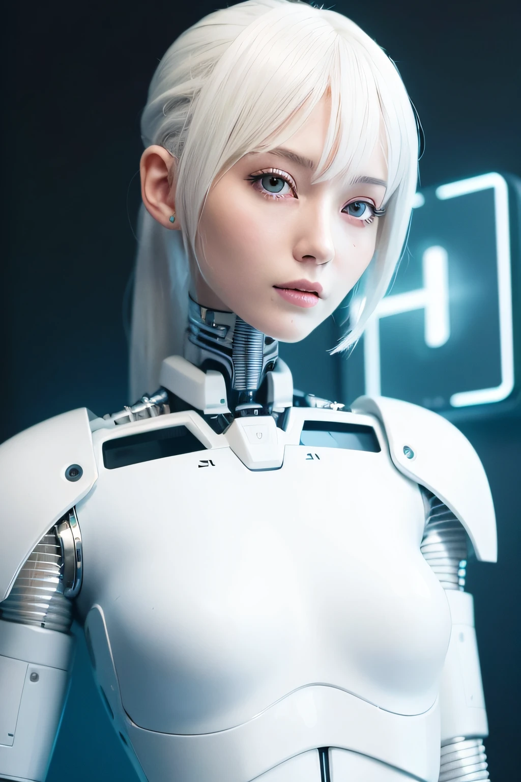 photorealistic, highly detailed, 1girl, slim female, 25yr, 25 years old, (white Cybernetic implants:1.33), white hair with straight bangs, clear face, looking at viewer, smile, (perfect body, perfect face:1.44), small breasts, black background, ulzzang-6500-v1.1,