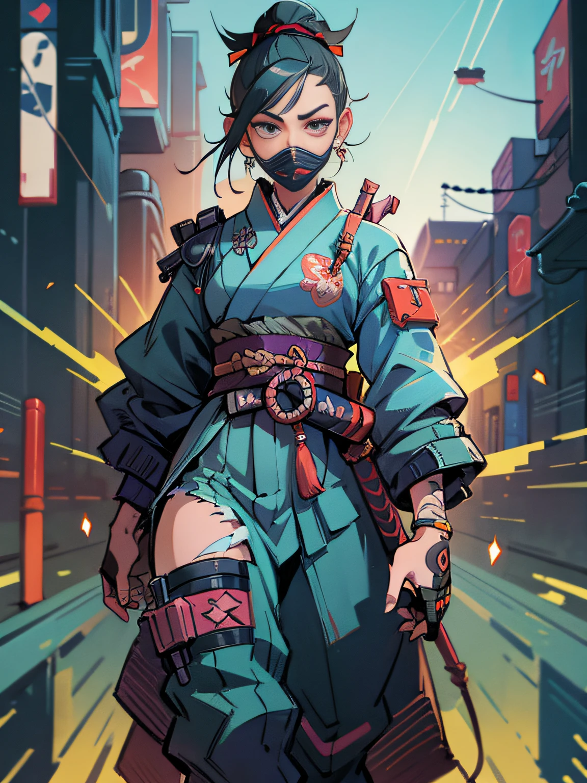 (A female Samurai), detailed portrait of a cyberpunk Samurai with cyberpunk mask, full body, exquisite and complicated Cyber style clothing, Cartoon characters, Europe and America style, facial tattoo, a sharp gaze, full view, exquisite facial details, best quality, masterpiece, illustration, zbrush, octane rendering, ray tracing, masterpiece painting, depth of field, super detailed --s 750 --niji 5