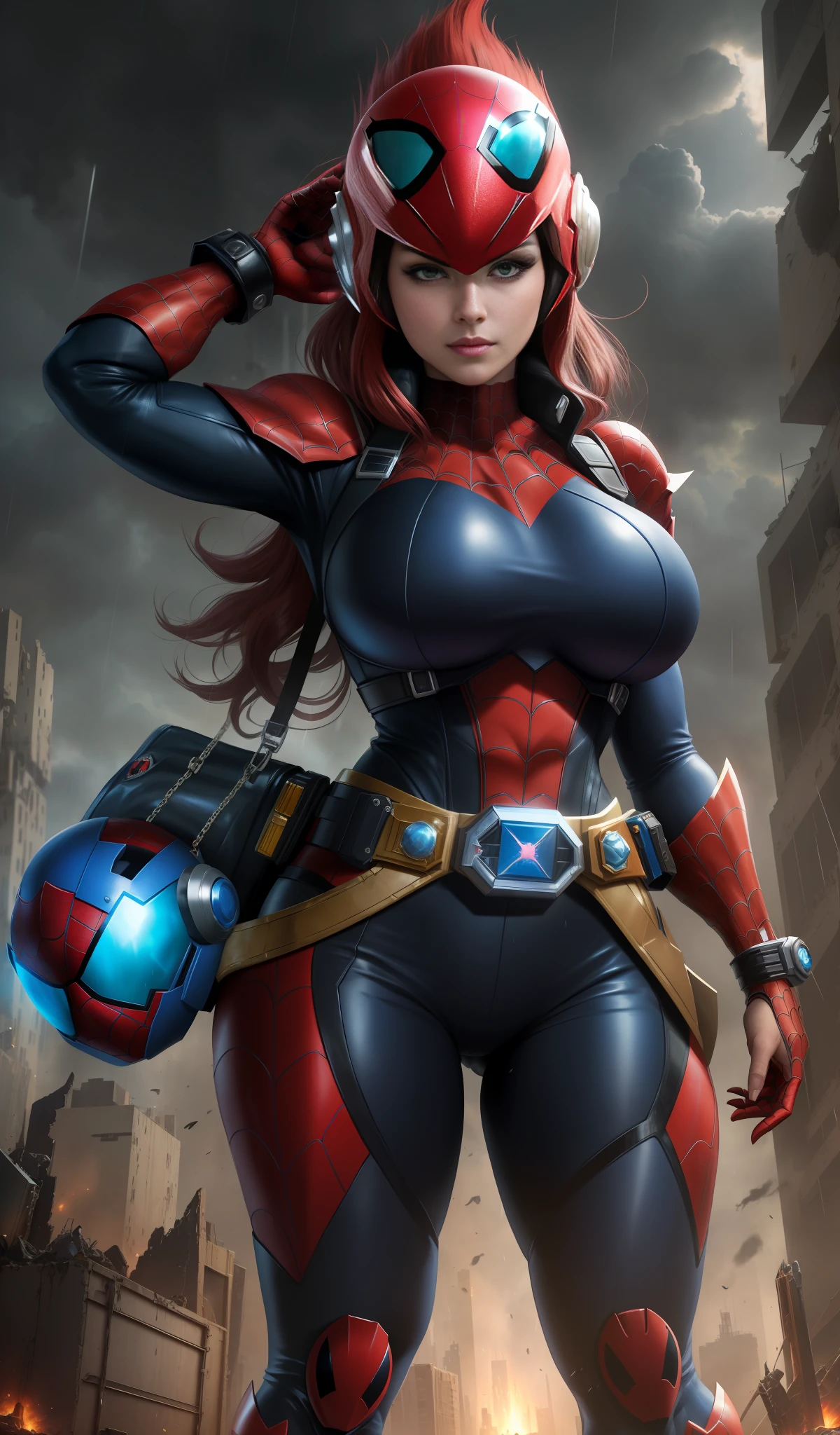 Image with full resolution/quality/sharpness/, Unreal Engine 5/Power Rangers/Tokusatsu/Mortal Kombat/Super Metroid, Cartoon/Disney/Dragon ball/Style, ((a single woman/big breasts1/helmet/belt/Mega Man-X/Kamen Rider/Spiderman)), mohawk long hair, looking at the viewer, pose, She is in a futuristic destroyed city raining very heavily.