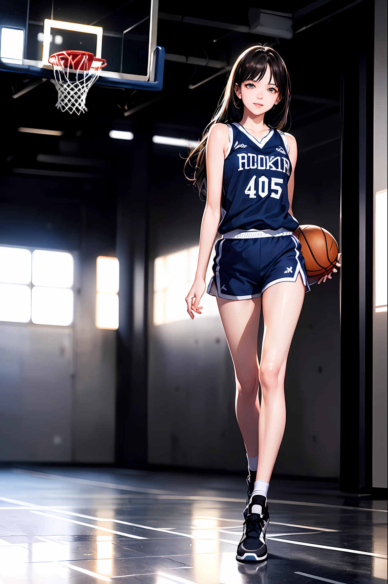 (8k, Best Quality, Masterpiece: 1.2), (Realistic, Realistic: 1.37), Ultra Detailed, Best Quality, Ultra High Resolution, Professional Lighting, Photon Mapping, Radiosity, Physically Based Rendering, Cinematic Lighting, Basketball court, depth of field, clear focus, sunlight, good composition, (bokeh: 1.2) 1girl, solo, (full body), beautiful and detailed eyes, smiling face, pose, narrow waist, middle chest, perspective, (sexy transparent tank - top basketball uniform), black hair, messy hair, long hair blowing in the wind, (ulzzang-6500:1.2)