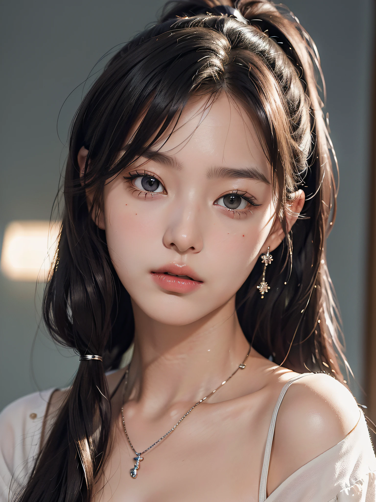 4k,8k,(masterpiece)(best quality)(super detail)(disheveled hair)(illustration))girl), standing, fashion model, looking at the viewer, (interview), finely beautiful eyes, delicate beautiful face, (high saturation), (shine), focus on face, ponytail,ayaka kamisato,bangs,hair ring, (sparkling), best lighting, underwear figure,sexy black underwear