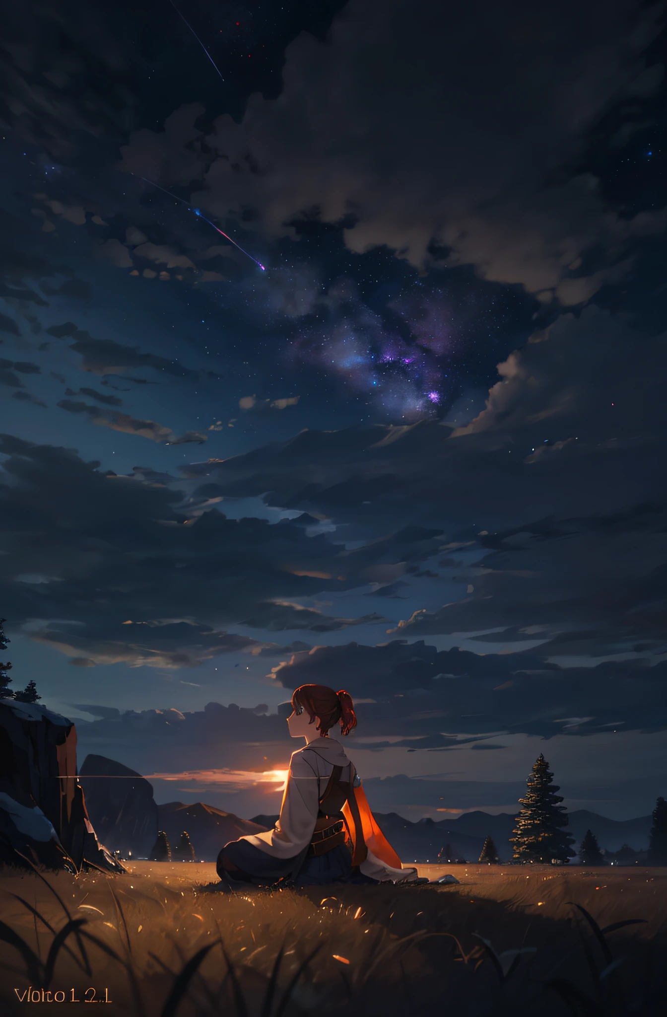 A wide landscape photo, (viewed from below, the sky is above, and the open field is below), a ??? sitting on grass field looking up, (full moon: 1.2), (meteor: 0.9), (nebula: 1.3), distant mountains , Trees BREAK Crafting Art, (Warm Light: 1.2), (Firefly: 1.2), Lights, Lots of Purple and Orange, Intricate Details, Volumetric Lighting BREAK (Masterpiece: 1.2), (Best Quality), 4k, Ultra Detailed, (Dynamic Composition: 1.4), Rich in Detail and Color, (Rainbow Color: 1.2), (Glow, Atmospheric Lighting), Dreamy, Magical, (Solo: 1.2)