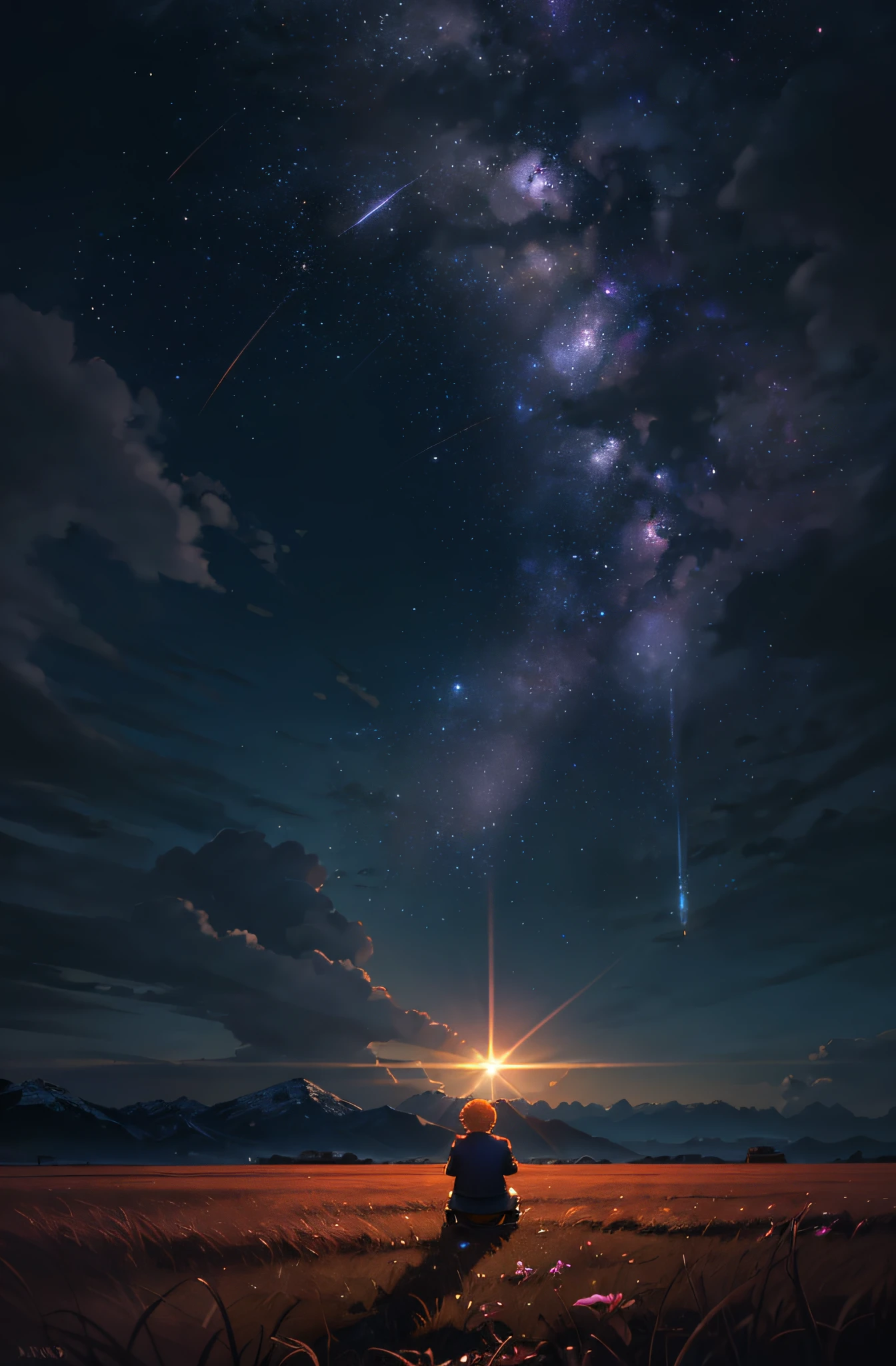 A wide landscape photo, (viewed from below, the sky is above, and the open field is below), a kid sitting on grass field looking up, (full moon: 1.2), (meteor: 0.9), (nebula: 1.3), distant mountains , Trees BREAK Crafting Art, (Warm Light: 1.2), (Firefly: 1.2), Lights, Lots of Purple and Orange, Intricate Details, Volumetric Lighting BREAK (Masterpiece: 1.2), (Best Quality), 4k, Ultra Detailed, (Dynamic Composition: 1.4), Rich in Detail and Color, (Rainbow Color: 1.2), (Glow, Atmospheric Lighting), Dreamy, Magical, (Solo: 1.2)