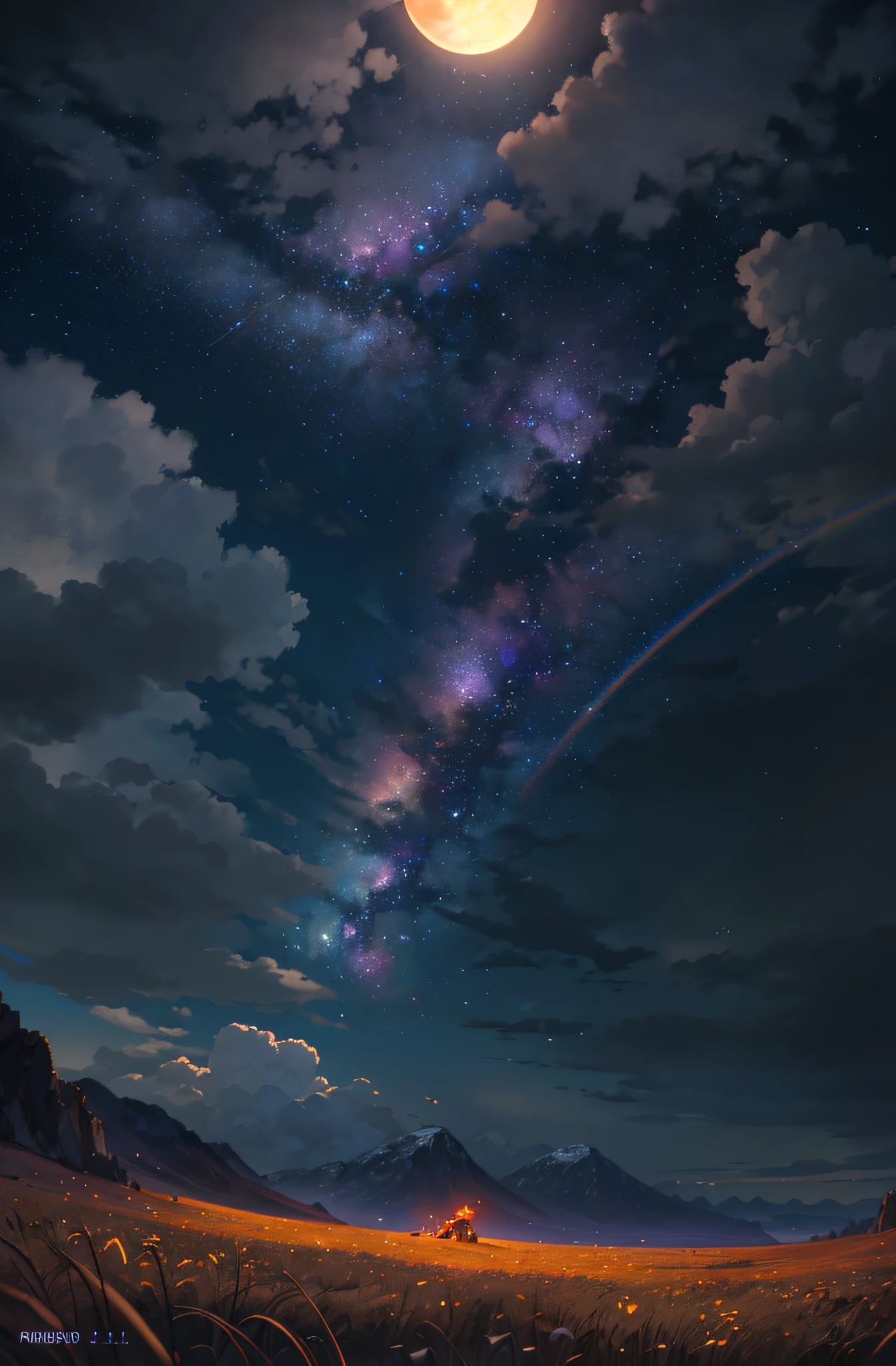 A wide landscape photo, (viewed from below, the sky is above, and the open field is below), a kid sitting on grass field looking up, (full moon: 1.2), (meteor: 0.9), (nebula: 1.3), distant mountains , Trees BREAK Crafting Art, (Warm Light: 1.2), (Firefly: 1.2), Lights, Lots of Purple and Orange, Intricate Details, Volumetric Lighting BREAK (Masterpiece: 1.2), (Best Quality), 4k, Ultra Detailed, (Dynamic Composition: 1.4), Rich in Detail and Color, (Rainbow Color: 1.2), (Glow, Atmospheric Lighting), Dreamy, Magical, (Solo: 1.2)