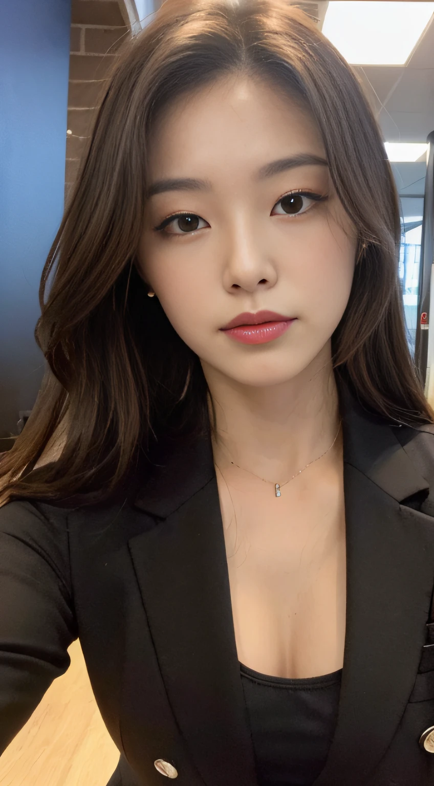 ((Top quality, 8k, Masterpiece: 1.3)), Sharp Focus: 1.2, Perfect Style Beauty: 1.4, Slender Abs: 1.2, (Dark Brown Hair, Large: 1.2)), (Natural Light, City Street: 1.1), Highly detailed face and skin texture, detailed eyes, double eyelids, flat chest, bra top, black blazer, office