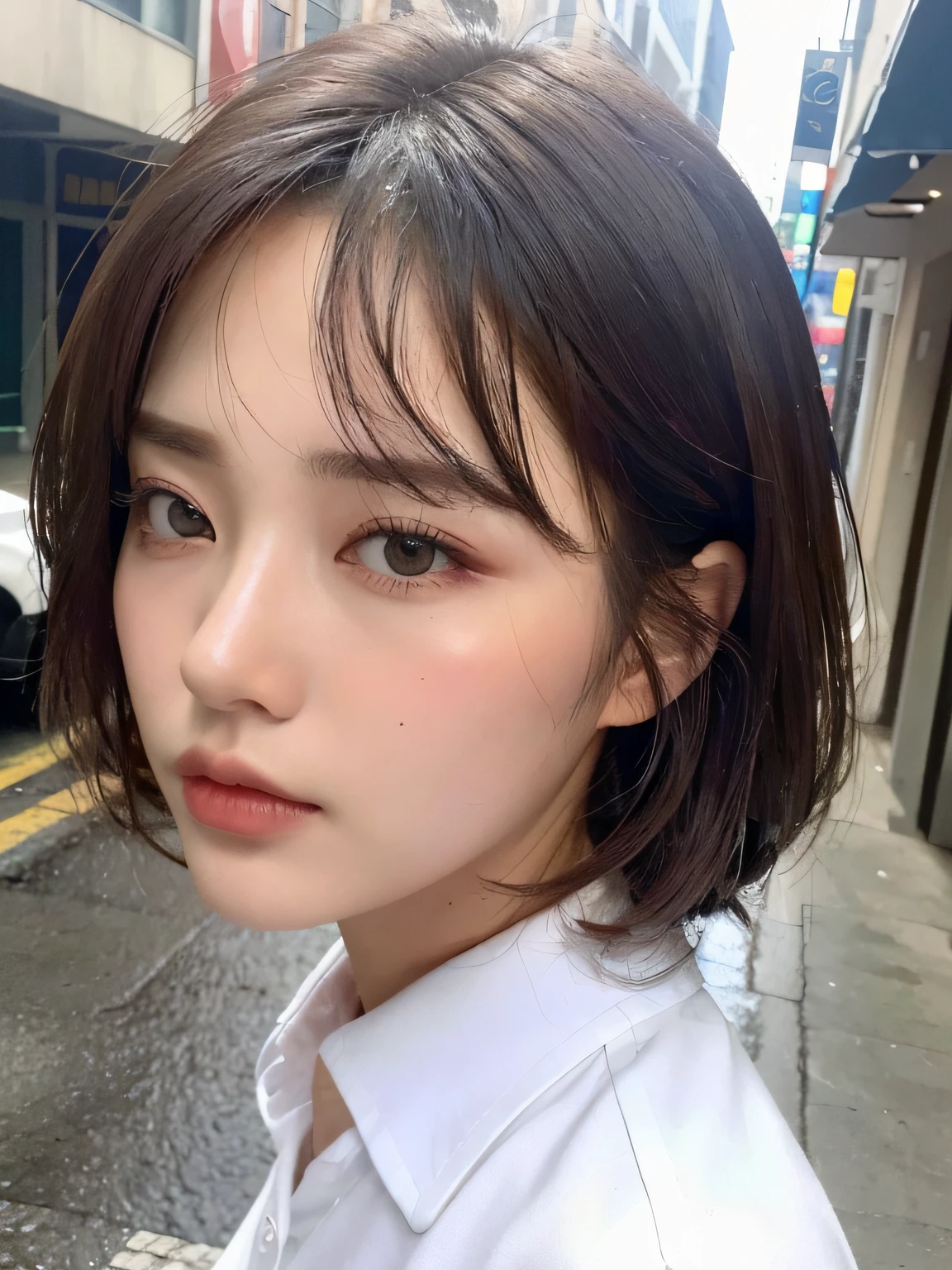 ((Best Quality, 8K, Masterpiece: 1.3)), Sharp: 1.2, Perfect Body Beauty: 1.4, Slim Abs: 1.2, ((Layered Hairstyle, Big Breasts: 1.2)), (Wet White Button Long Shirt: 1.1), (Rain, Street: 1.2), Wet: 1.5, Highly detailed face and skin texture, detailed eyes, double eyelids, side face looking at the camera
