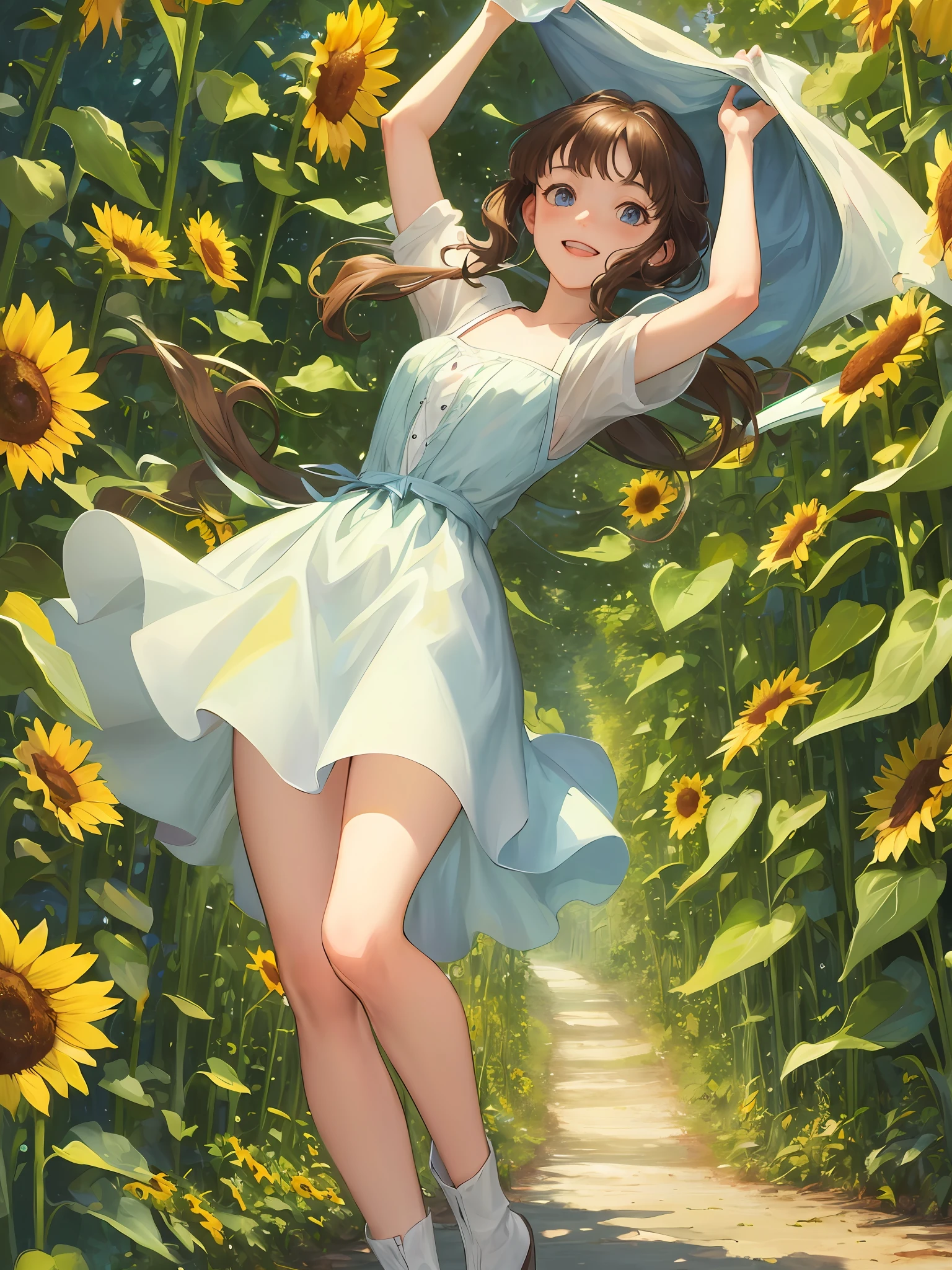 (High Quality, Ultra Detail, Masterpiece), (Tall Sunflower Forest: 1.5), Magic World, 1girl, Look Up, Cover the Sun with Hands, White Clouds, Breeze, Squint, Brown Hair, Blue Eyes, Smile, Slightly Exposed Teeth, Windy, Medium, Cute Buttocks, From Below, Intricate Dress, Thin, Expose Panty, Innocence, Tiny Body, Come from the secret world of Arrietty, epic setting