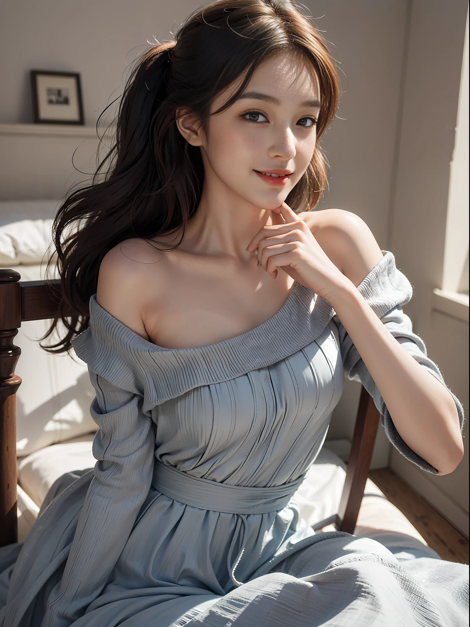1girl, offshoulder, light smile, shiny skin
best quality, masterpiece, (photorealistic:1.4)