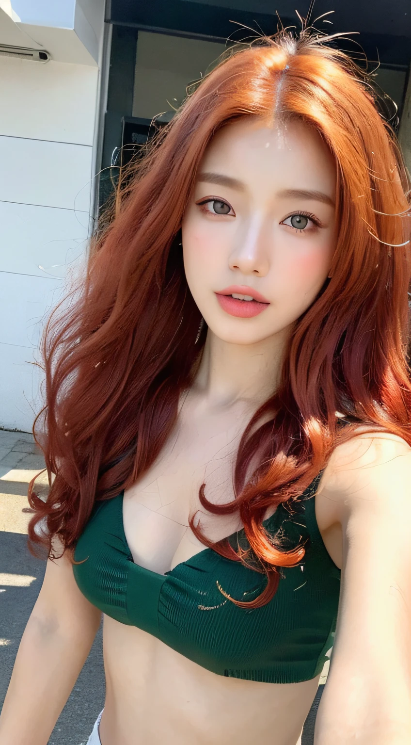 ((Realistic lighting, Best quality, 8K, Masterpiece: 1.3)), Clear focus: 1.2, 1girl, Perfect body beauty: 1.4, Slim abs: 1.1, ((Red hair, Milk: 1.3)), cowgirl pose, (Outdoor, daytime: 1.1), country street, super fine face, fine eyes, double eyelids, curly hair, fair skin