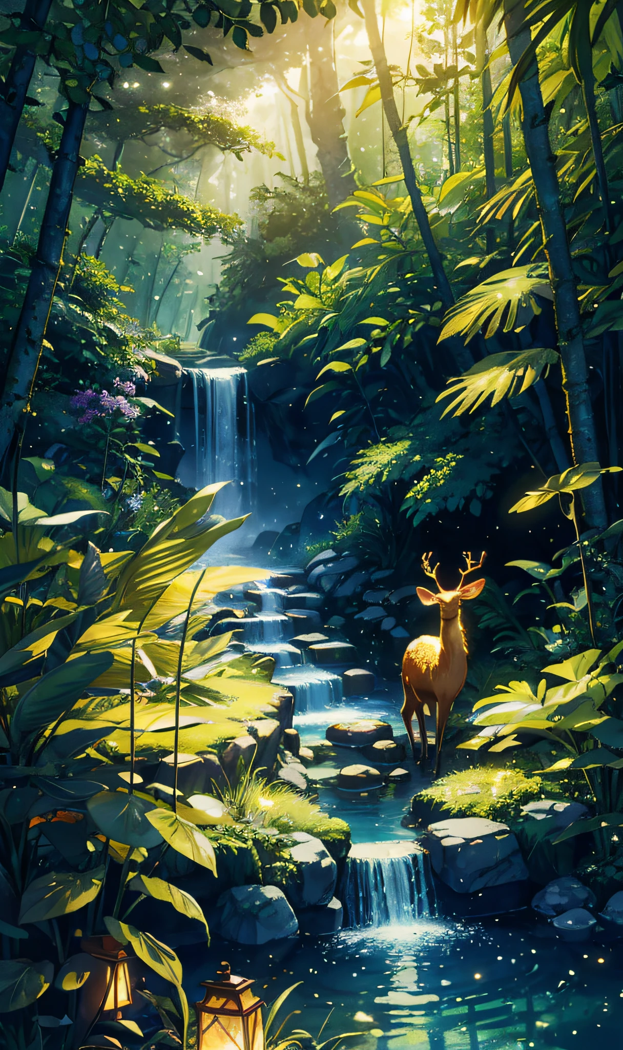 Masterpiece, best quality, (very detailed CG unity 8k wallpaper), (best quality), (best illustration), (best shadows), glow sprite, with a glowing deer, in the swimming pool Drinking water, natural elements in the forest theme. Mysterious forest, beautiful forest, nature, surrounded by flowers, delicate leaves and branches surrounded by fireflies (natural elements), (jungle theme), (leaves), (twigs), (fireflies), (particle effects) etc. 3D , Octane rendering, ray tracing, super detailed --v6