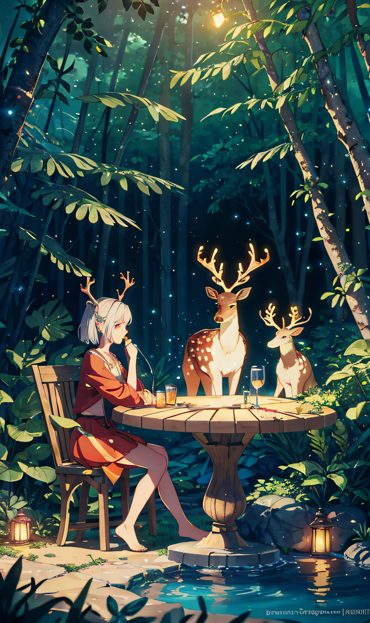 Masterpiece, best quality, (very detailed CG unity 8k wallpaper), (best quality), (best illustration), (best shadows), glow sprite, with a glowing deer, in the swimming pool Drinking water, natural elements in the forest theme. Mysterious forest, beautiful forest, nature, surrounded by flowers, delicate leaves and branches surrounded by fireflies (natural elements), (jungle theme), (leaves), (twigs), (fireflies), (particle effects) etc. 3D , Octane rendering, ray tracing, super detailed --v6