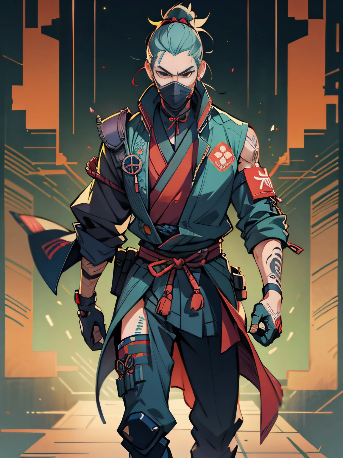 A male Samurai, detailed portrait of a cyberpunk Samurai with cyberpunk mask, full body, Handsome, mature, exquisite and complicated Cyber style clothing, conservative clothes, Cartoon characters, Europe and America style, facial tattoo, a sharp gaze, full view, exquisite facial details, best quality, masterpiece, illustration, zbrush, octane rendering, ray tracing, masterpiece painting, depth of field, super detailed --s 750 --niji 5