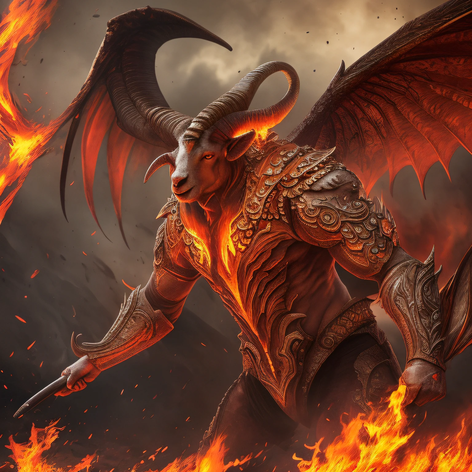 Badad - A servitor of Oriens, Paimon, Ariton and Amaymon. Solitary. ((best quality)), ((masterpiece)), ((inked)), majestic intricately detailed soft oil painting by jim lee from diablo of a horrifying naked red-skinned demon king standing in fire,( in hell:1.2), detailed monstrous evil winds and tempests, (wide spread bat like wings:1.2), scaly skin, (goat legs, ram horns:1.2), long curved horns, burning hellish landscape, barren, billowing smoke, tortured souls, (sparks:1.3) (extreme facial close up shot), deep shadows, dynamic angle, professional, soft lighting, photographed on a Canon EOS R5, 50mm lens, F/2.8, HDR, 8k resolution, highres, high detail, sharp focus, smooth, roughness, real life, photorealism, photography,cinematic Film still from (cannibal holocaust). --auto --s2