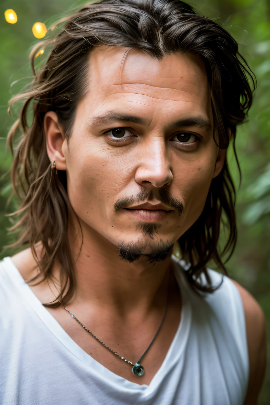 masterpiece, {{{25 years old}}} johnny depp walking through the jungle (night among fireflies), (high detail:1 1), cute young man, wearing a tank top, rough face, natural skin, high quality, nsfw, beautiful eyes, (detailed face and eyes), (face: 1 2), noise, extra, real photo, PSD, lamp film photography, sharp focus, contrast lighting, detailed skin, high resolution 8k, crazy detail, realistic, professional photography, 8k UHD, SLR camera, soft lighting, high quality, film grain, Fujifilm XT3